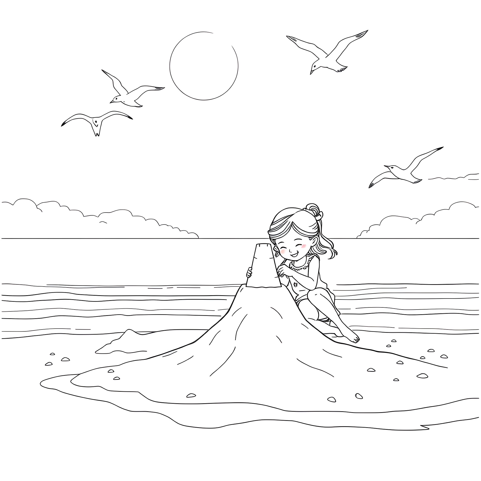 Mom enjoying a peaceful day at the beach Coloring Page (free black-and-white line drawing printable PDF for all, from beginners to advanced learners, including children, teens, adults, and seniors)