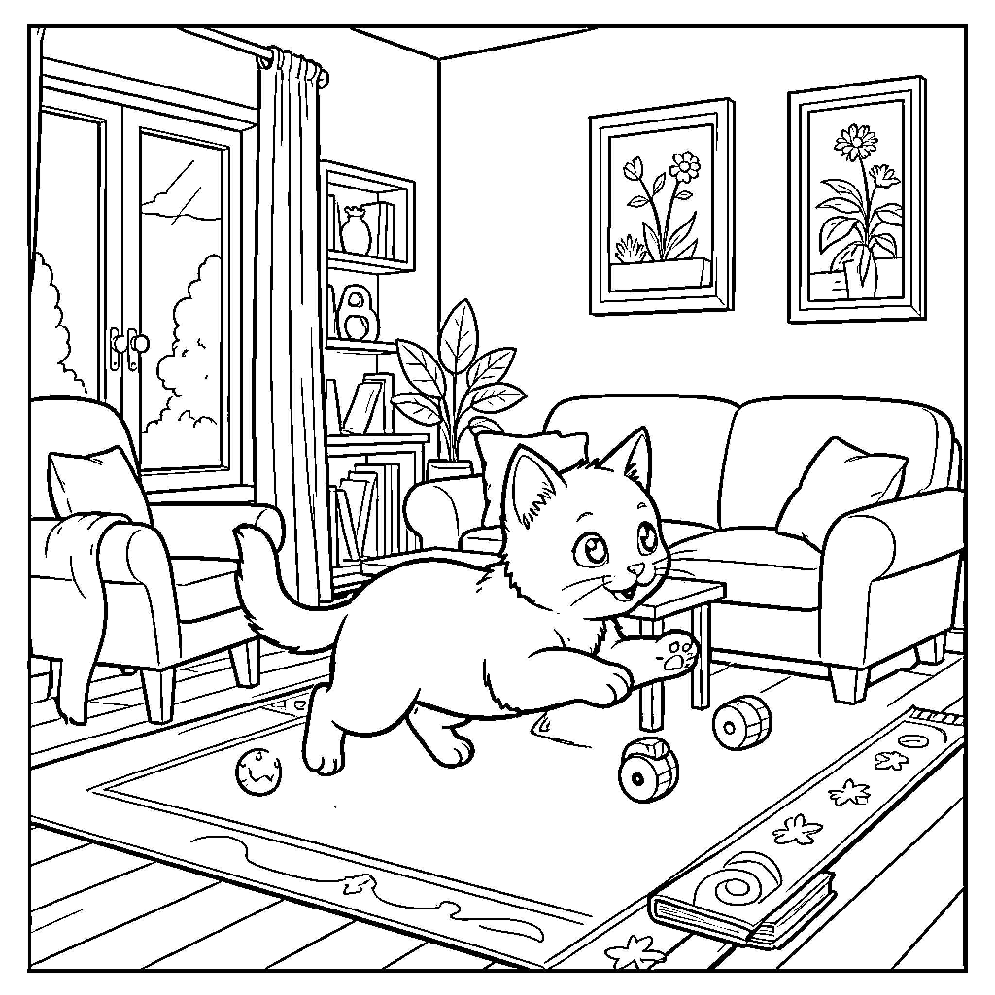 Cat playing with toy on living room floor Coloring Page (free black-and-white line drawing printable PDF for all, from beginners to advanced learners, including children, teens, adults, and seniors)