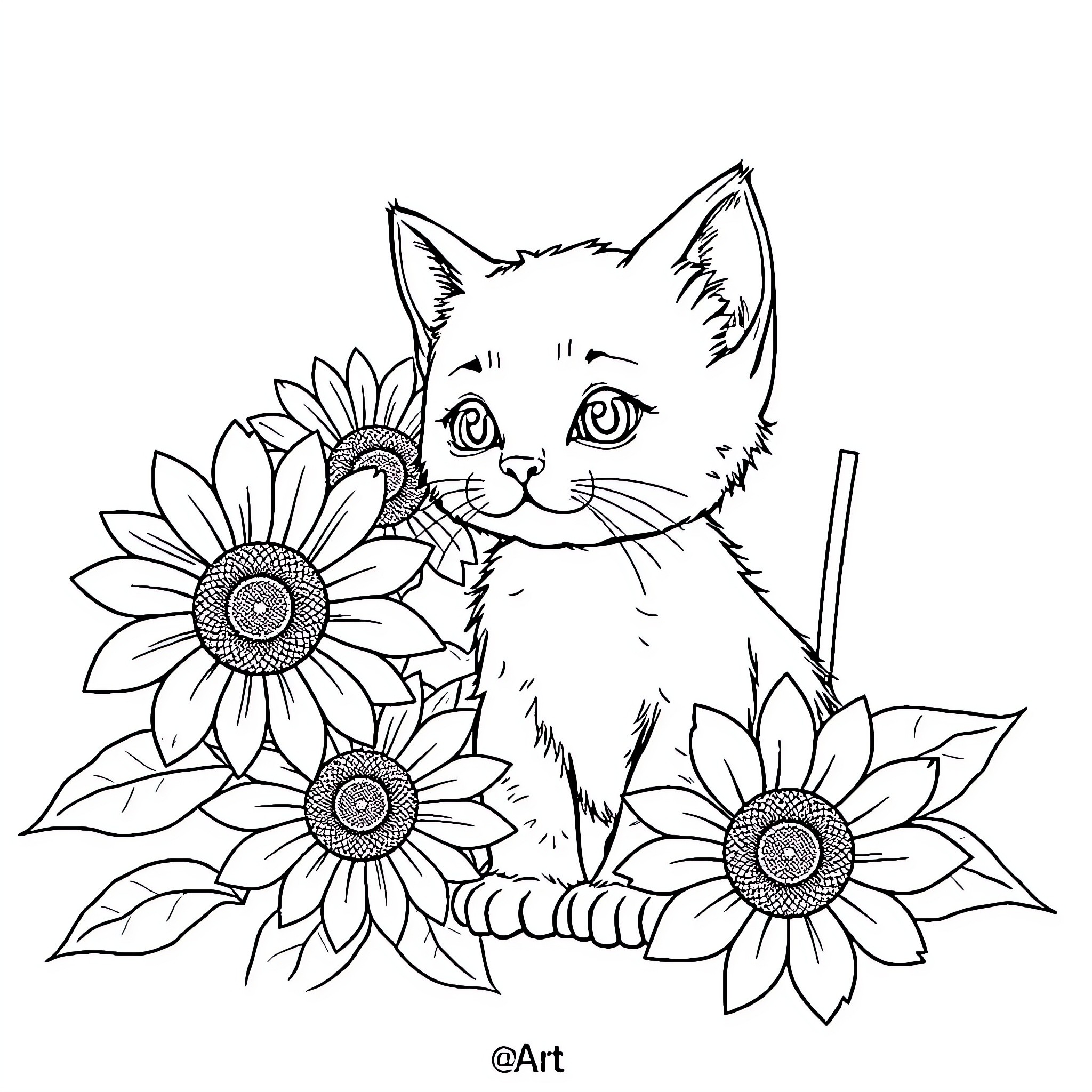 Kitten among sunflowers Coloring Page (free black-and-white line drawing printable PDF for all, from beginners to advanced learners, including children, teens, adults, and seniors)