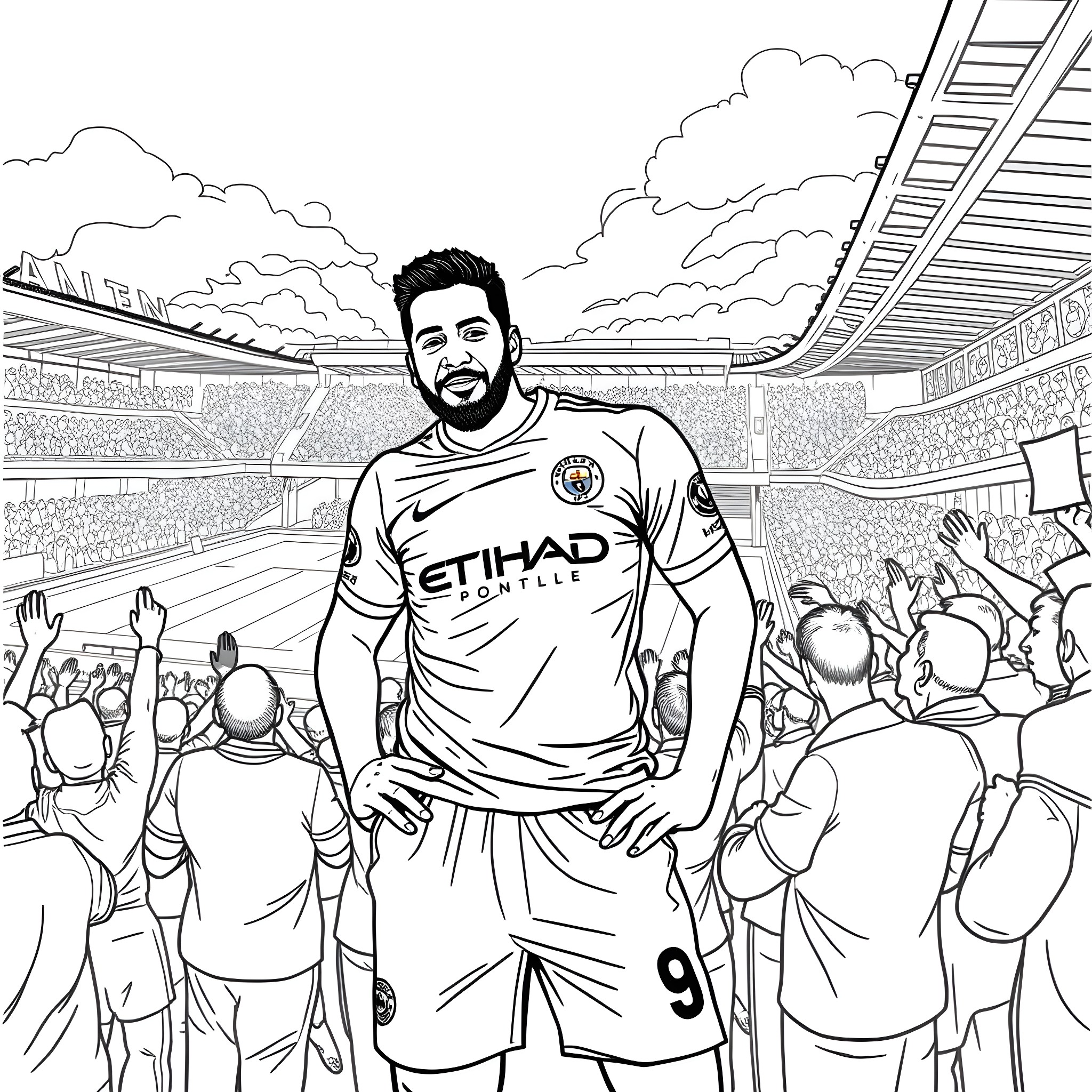 Mohamed Farah in Soccer Stadium Celebration Coloring Page (free black-and-white line drawing printable PDF for all, from beginners to advanced learners, including children, teens, adults, and seniors)