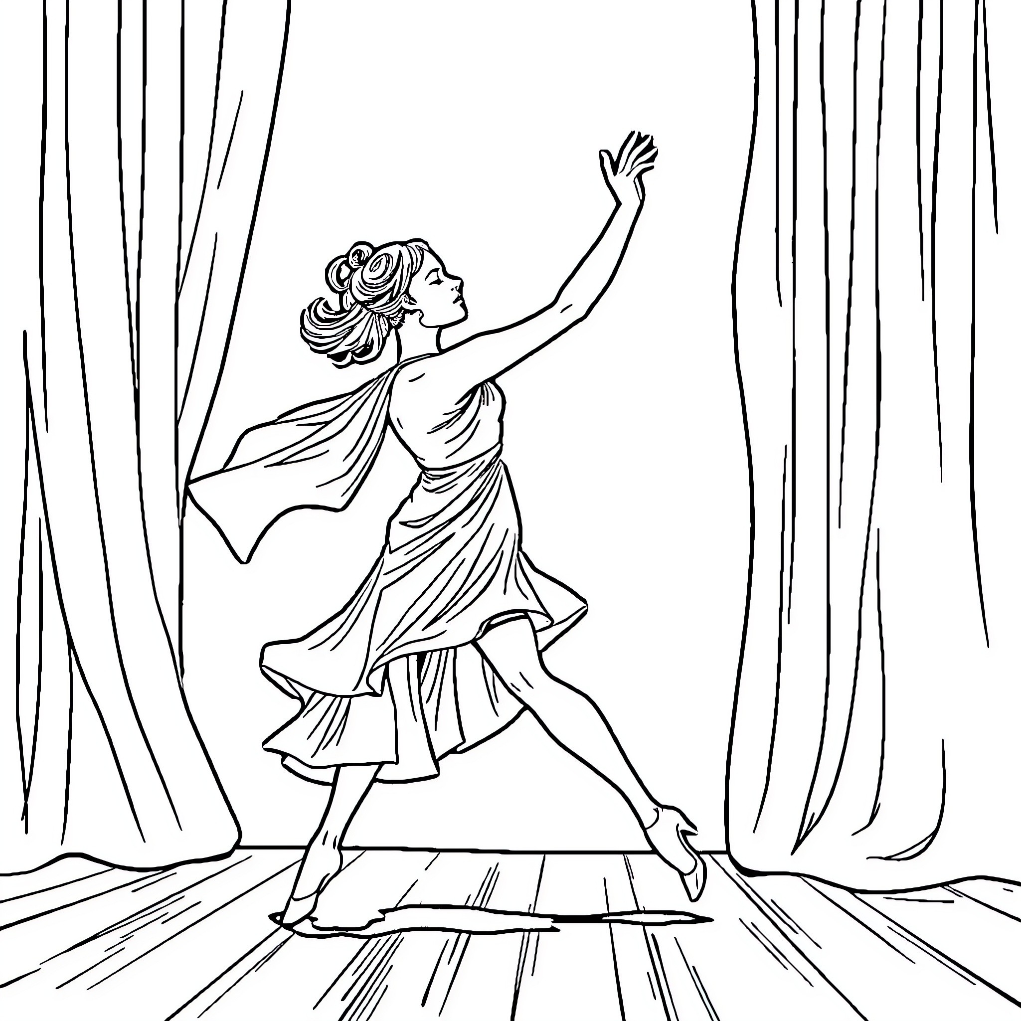 Dancer performing graceful stage routine Coloring Page (free black-and-white line drawing printable PDF for all, from beginners to advanced learners, including children, teens, adults, and seniors)