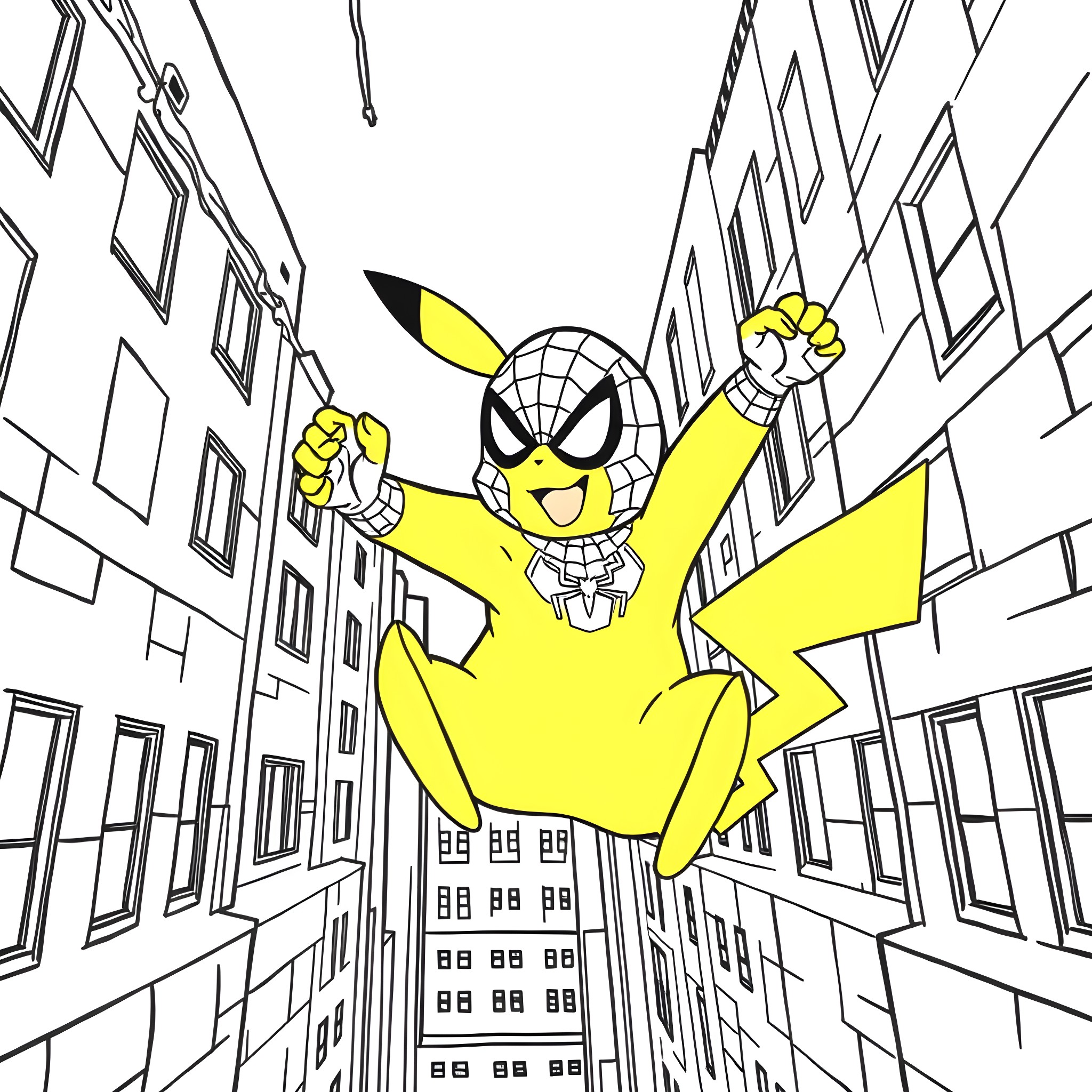 Spiderman leaping through the city with confidence Coloring Page (free black-and-white line drawing printable PDF for all, from beginners to advanced learners, including children, teens, adults, and seniors)