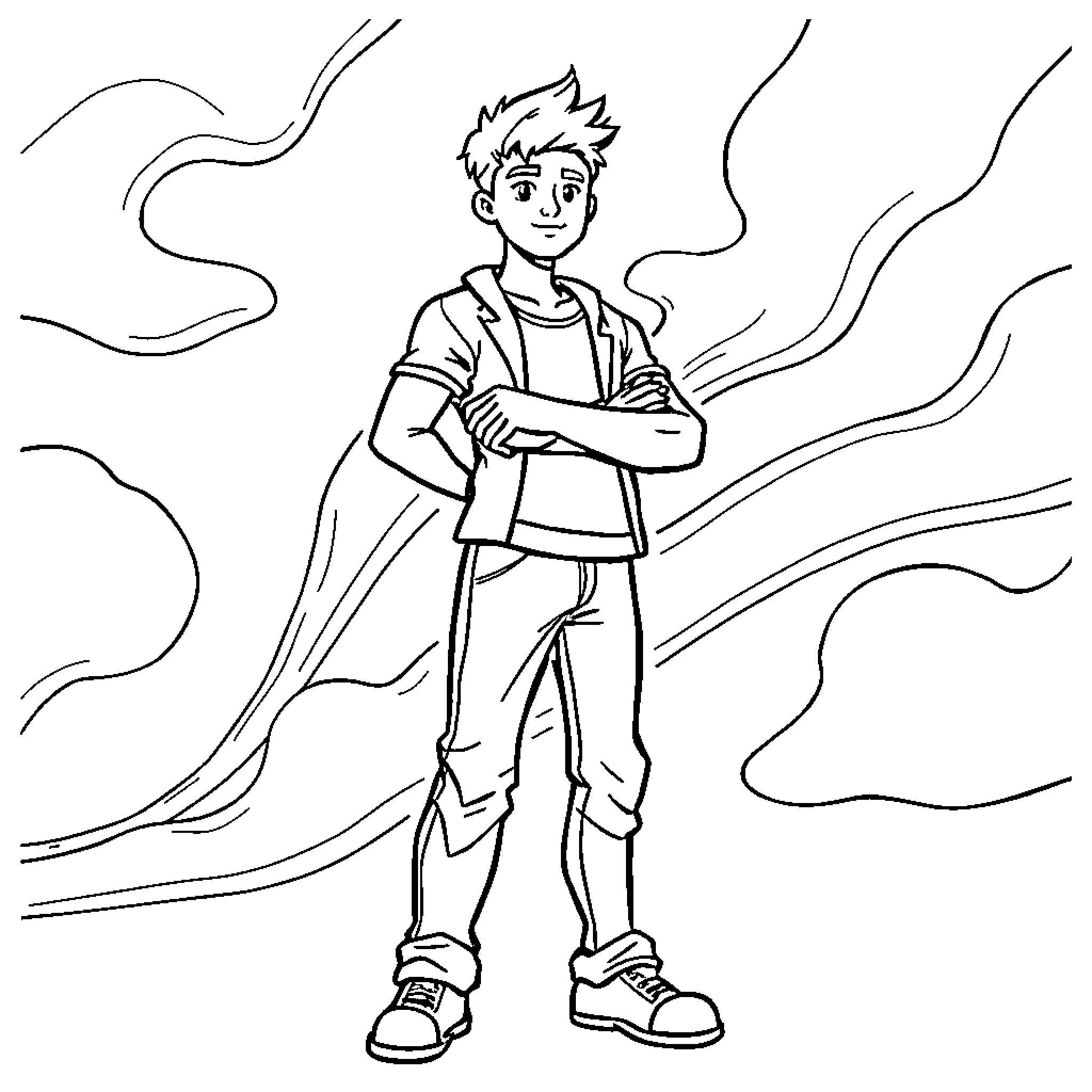 AT&T Young Man Stands Confidently in Outdoors Coloring Page (free black-and-white line drawing printable PDF for all, from beginners to advanced learners, including children, teens, adults, and seniors)