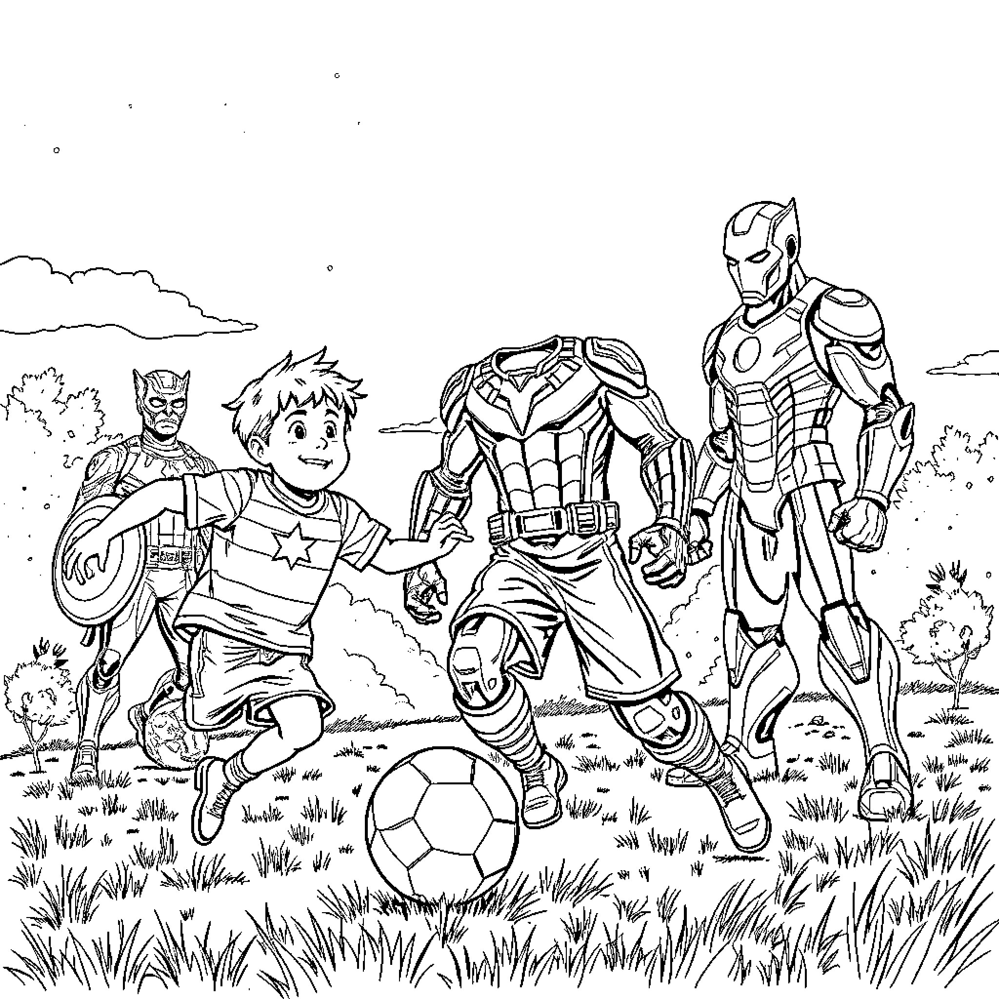 Boy Playing Soccer with Superheroes in Grassy Field Coloring Page (free black-and-white line drawing printable PDF for all, from beginners to advanced learners, including children, teens, adults, and seniors)