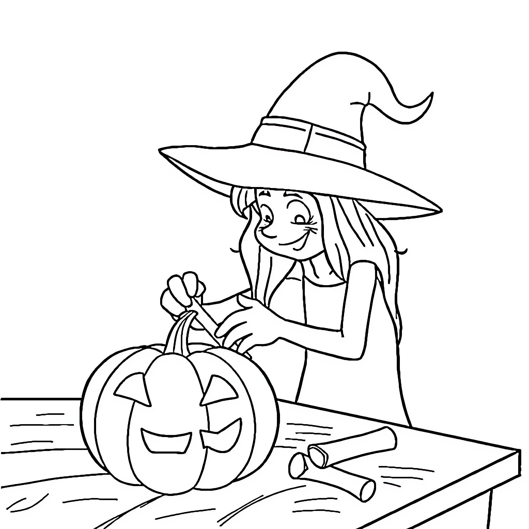 Witch carving a jack-o'-lantern on Halloween Coloring Page (free black-and-white line drawing printable PDF for all, from beginners to advanced learners, including children, teens, adults, and seniors)