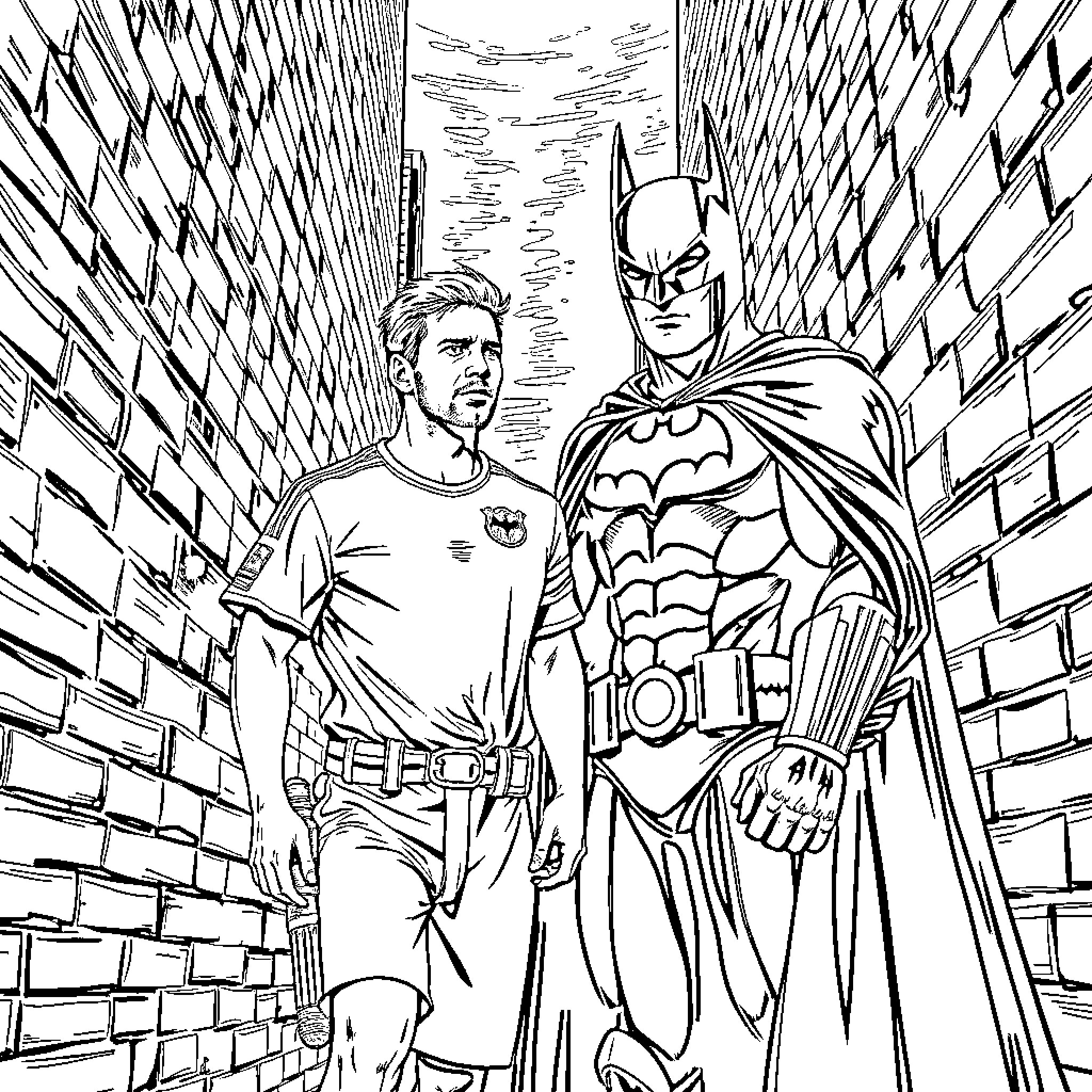 Messi and Batman heroically traversing a dark city alley Coloring Page (free black-and-white line drawing printable PDF for all, from beginners to advanced learners, including children, teens, adults, and seniors)