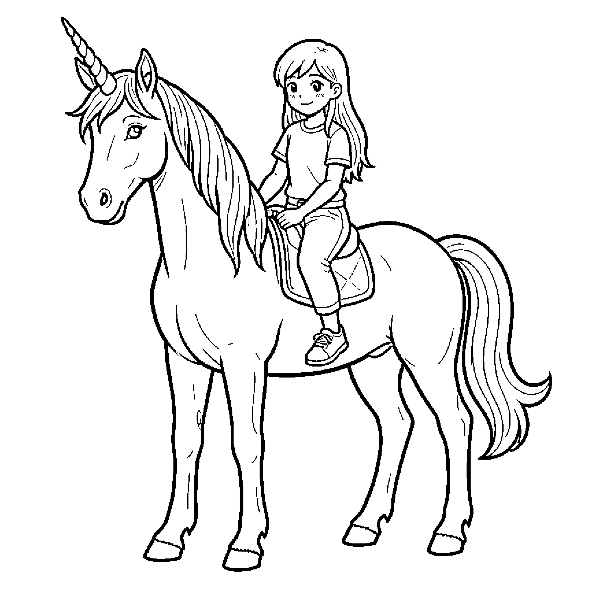 Unicorn being ridden by a smiling young girl Coloring Page (free black-and-white line drawing printable PDF for all, from beginners to advanced learners, including children, teens, adults, and seniors)
