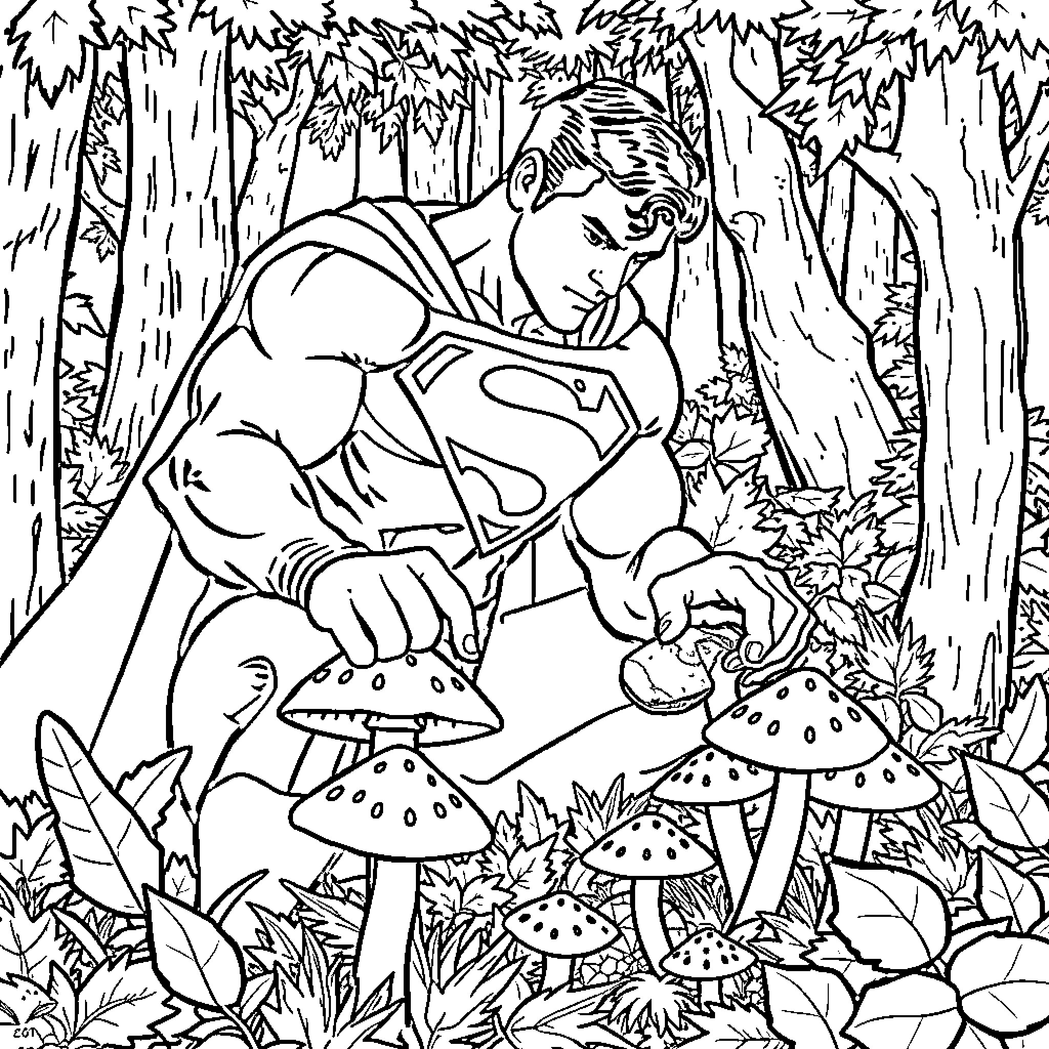 Superman exploring the forest Coloring Page (free black-and-white line drawing printable PDF for all, from beginners to advanced learners, including children, teens, adults, and seniors)