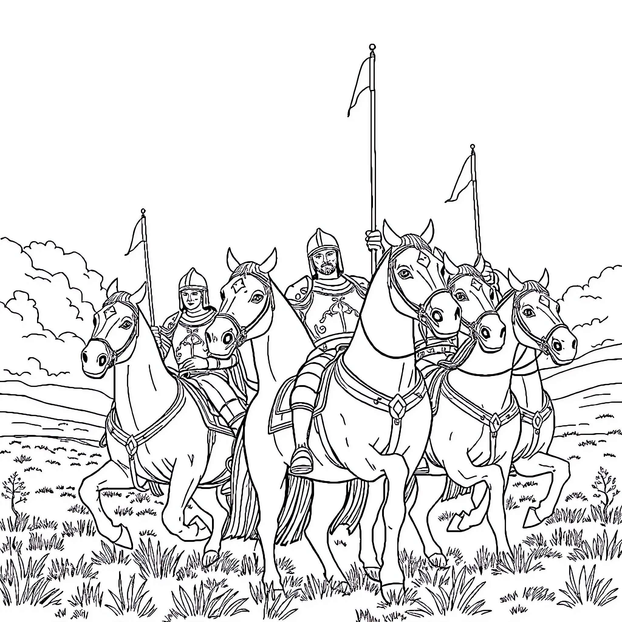 Knight's Procession on Horseback in the Countryside Coloring Page (free black-and-white line drawing printable PDF for all, from beginners to advanced learners, including children, teens, adults, and seniors)