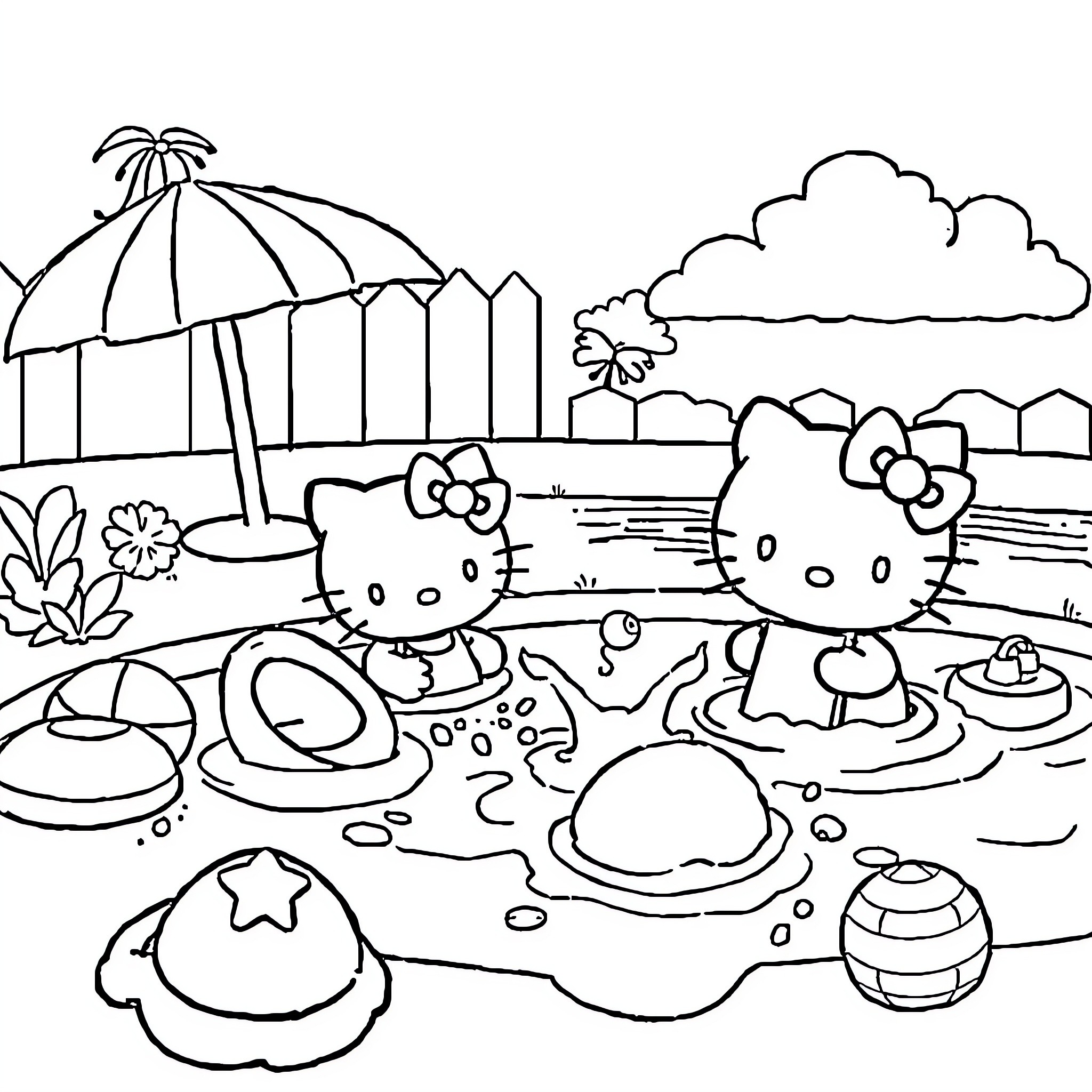 Hello Kitty and Friends Enjoying the Beach Coloring Page (free black-and-white line drawing printable PDF for all, from beginners to advanced learners, including children, teens, adults, and seniors)