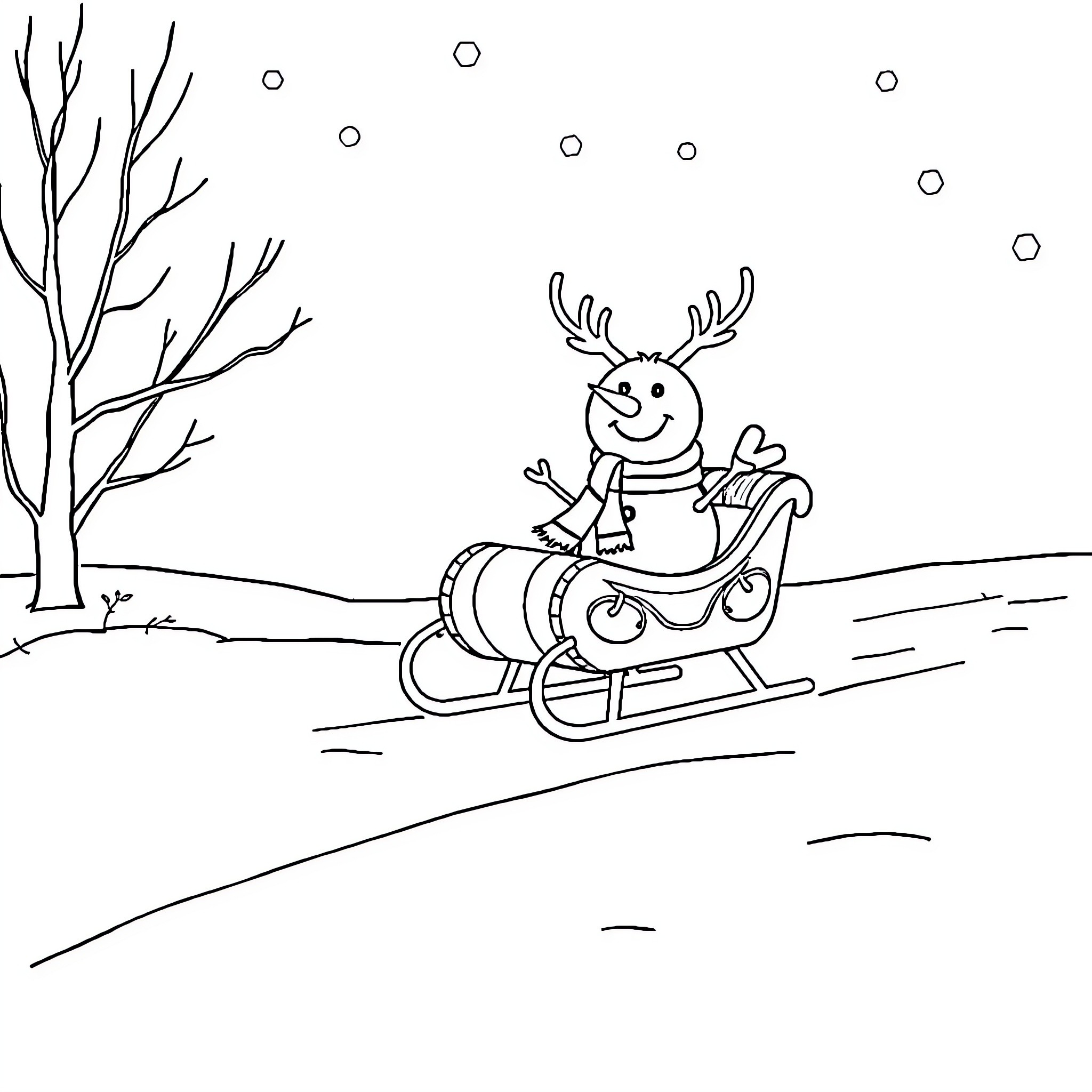 Sleigh ride with a jolly deer-headed figure Coloring Page (free black-and-white line drawing printable PDF for all, from beginners to advanced learners, including children, teens, adults, and seniors)