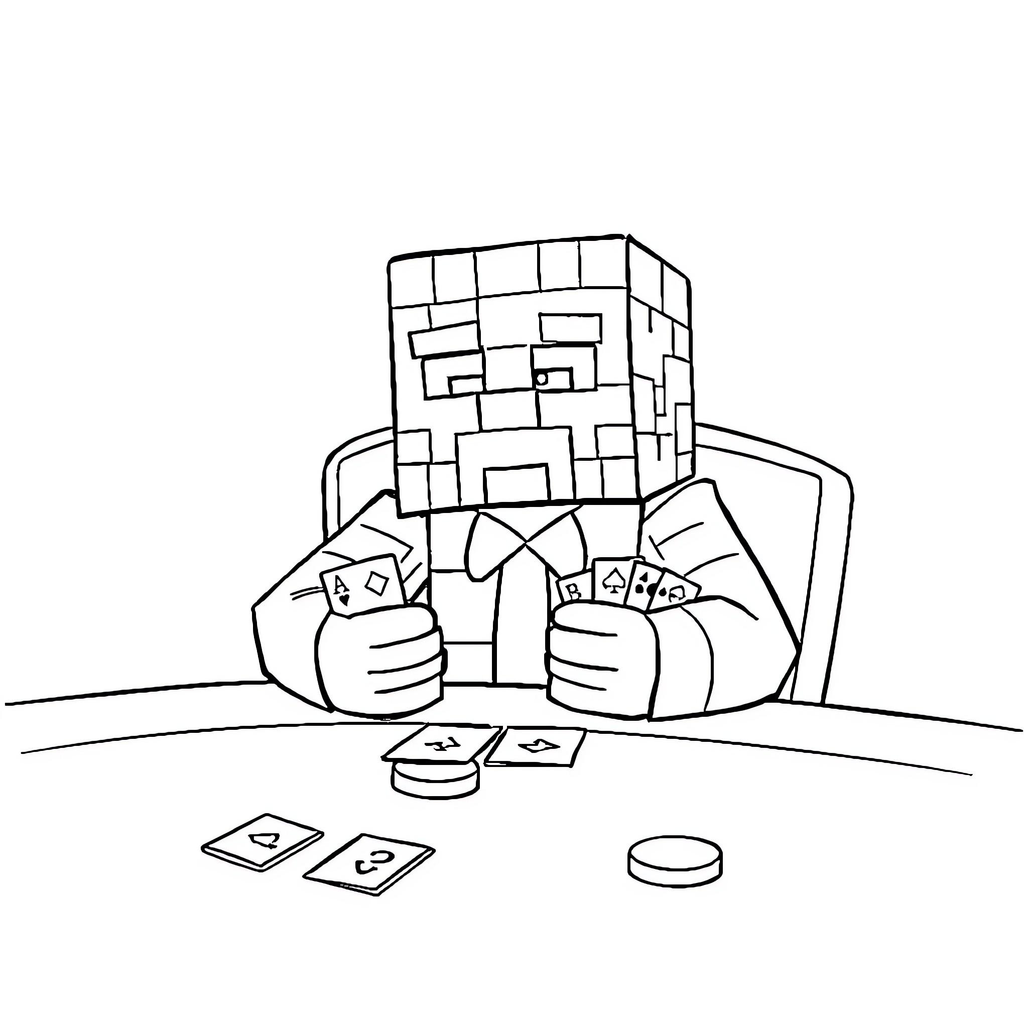 Creeper playing poker with cards and chips Coloring Page (free black-and-white line drawing printable PDF for all, from beginners to advanced learners, including children, teens, adults, and seniors)