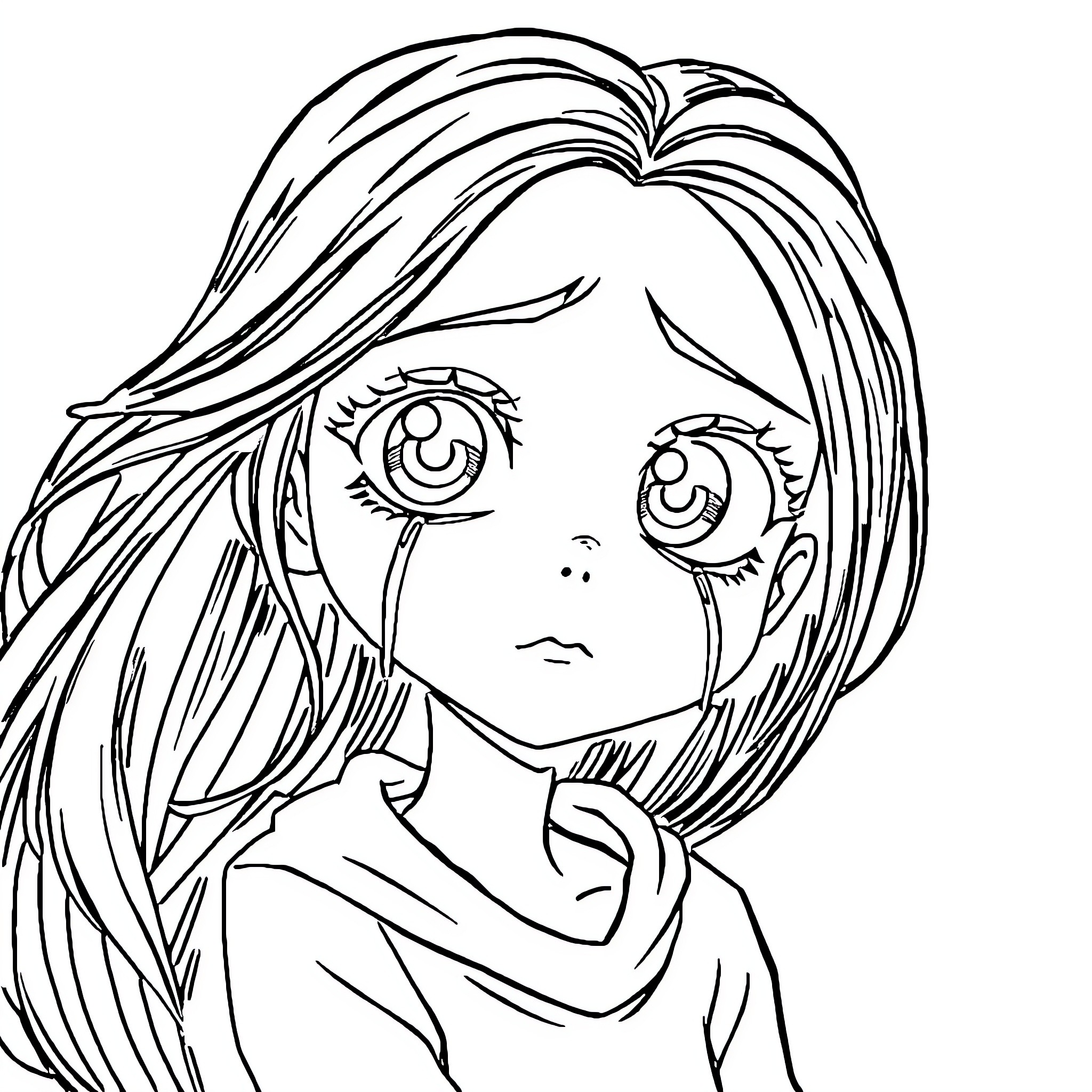 Anime Girl with Expressive Eyes Coloring Page (free black-and-white line drawing printable PDF for all, from beginners to advanced learners, including children, teens, adults, and seniors)