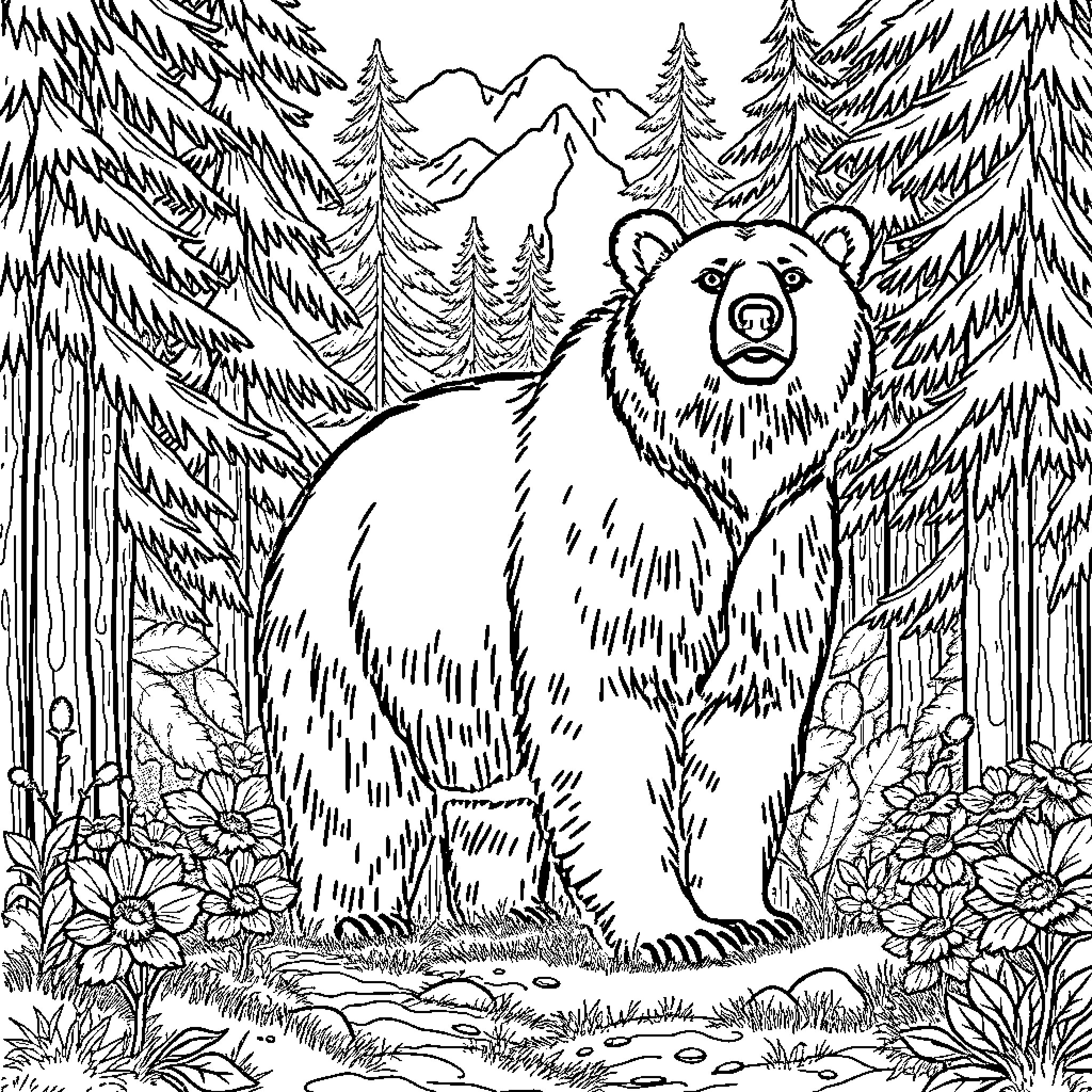 Bear in the Wilderness Coloring Page (free black-and-white line drawing printable PDF for all, from beginners to advanced learners, including children, teens, adults, and seniors)