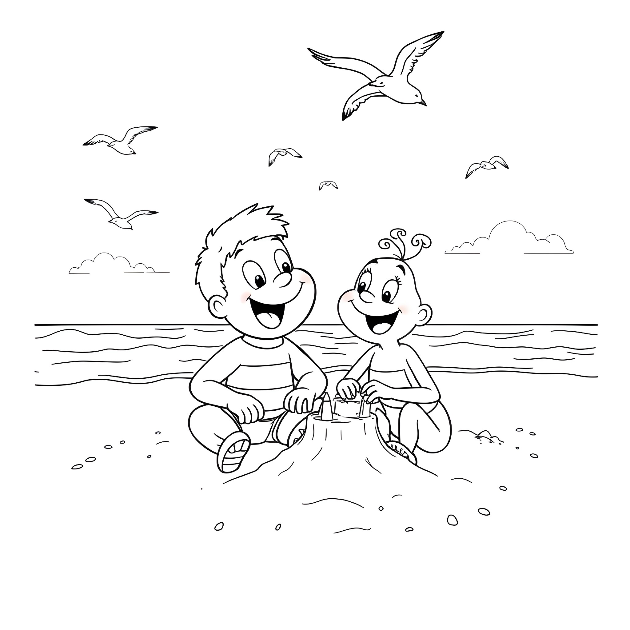 George and his friend playing in the sand Coloring Page (free black-and-white line drawing printable PDF for all, from beginners to advanced learners, including children, teens, adults, and seniors)