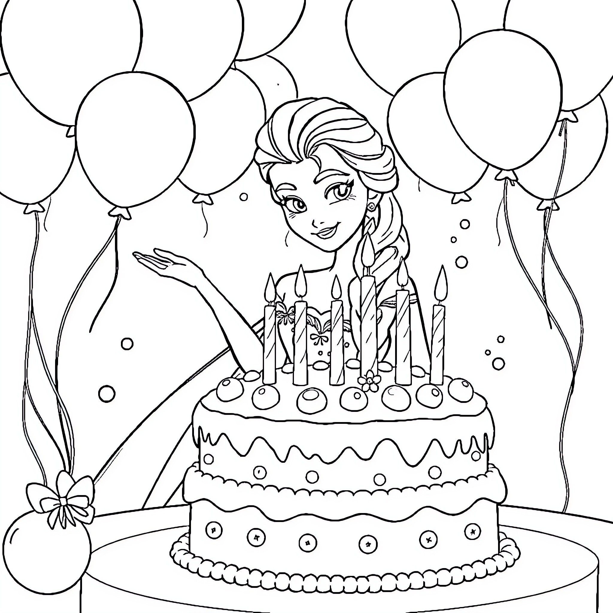 Elsa celebrates her birthday with balloons and cake Coloring Page (free black-and-white line drawing printable PDF for all, from beginners to advanced learners, including children, teens, adults, and seniors)