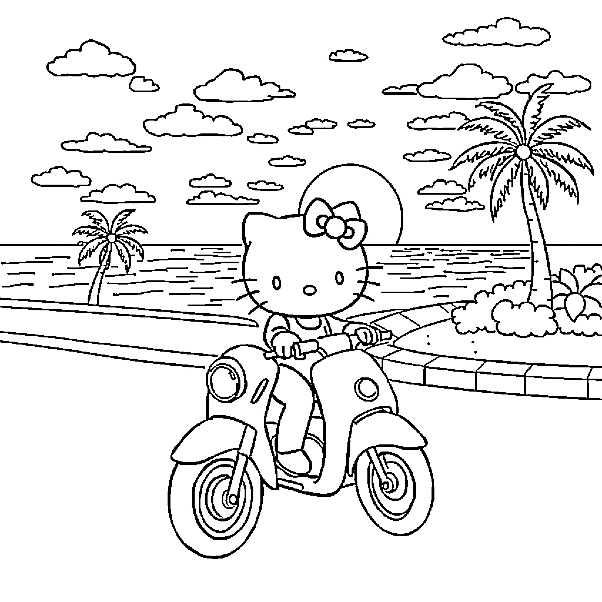 Hello Kitty's Tropical Beach Scooter Ride Coloring Page (free black-and-white line drawing printable PDF for all, from beginners to advanced learners, including children, teens, adults, and seniors)