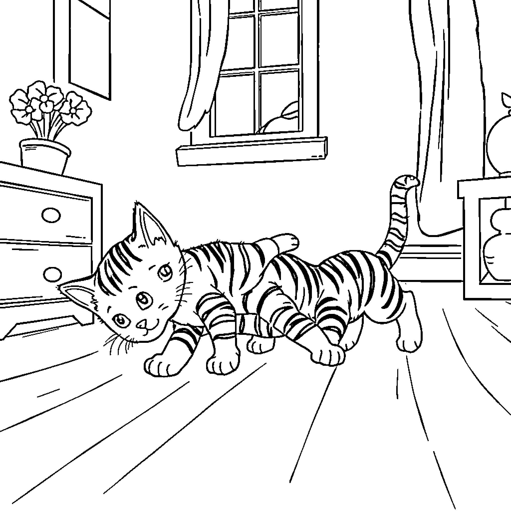 Kitten exploring playfully in the room Coloring Page (free black-and-white line drawing printable PDF for all, from beginners to advanced learners, including children, teens, adults, and seniors)