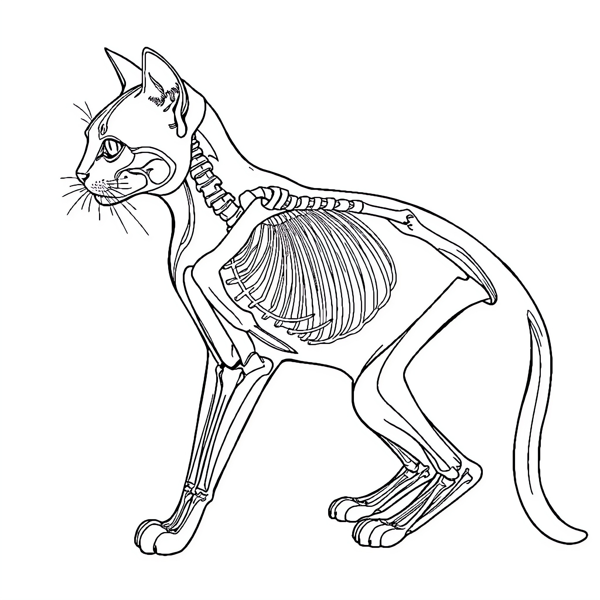 Cat Skeleton Anatomy Diagram Coloring Page (free black-and-white line drawing printable PDF for all, from beginners to advanced learners, including children, teens, adults, and seniors)