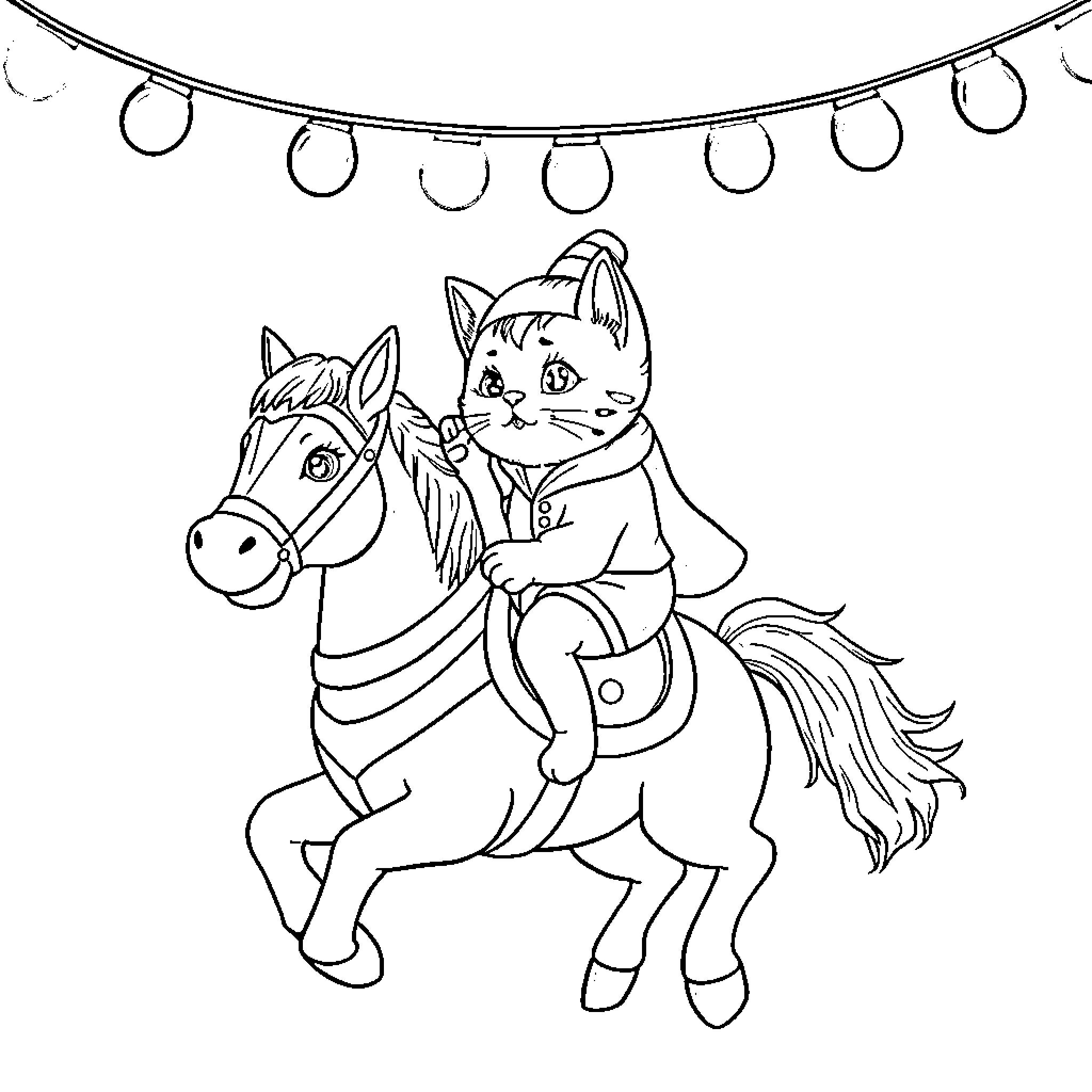 Cat riding a toy horse under string lights Coloring Page (free black-and-white line drawing printable PDF for all, from beginners to advanced learners, including children, teens, adults, and seniors)