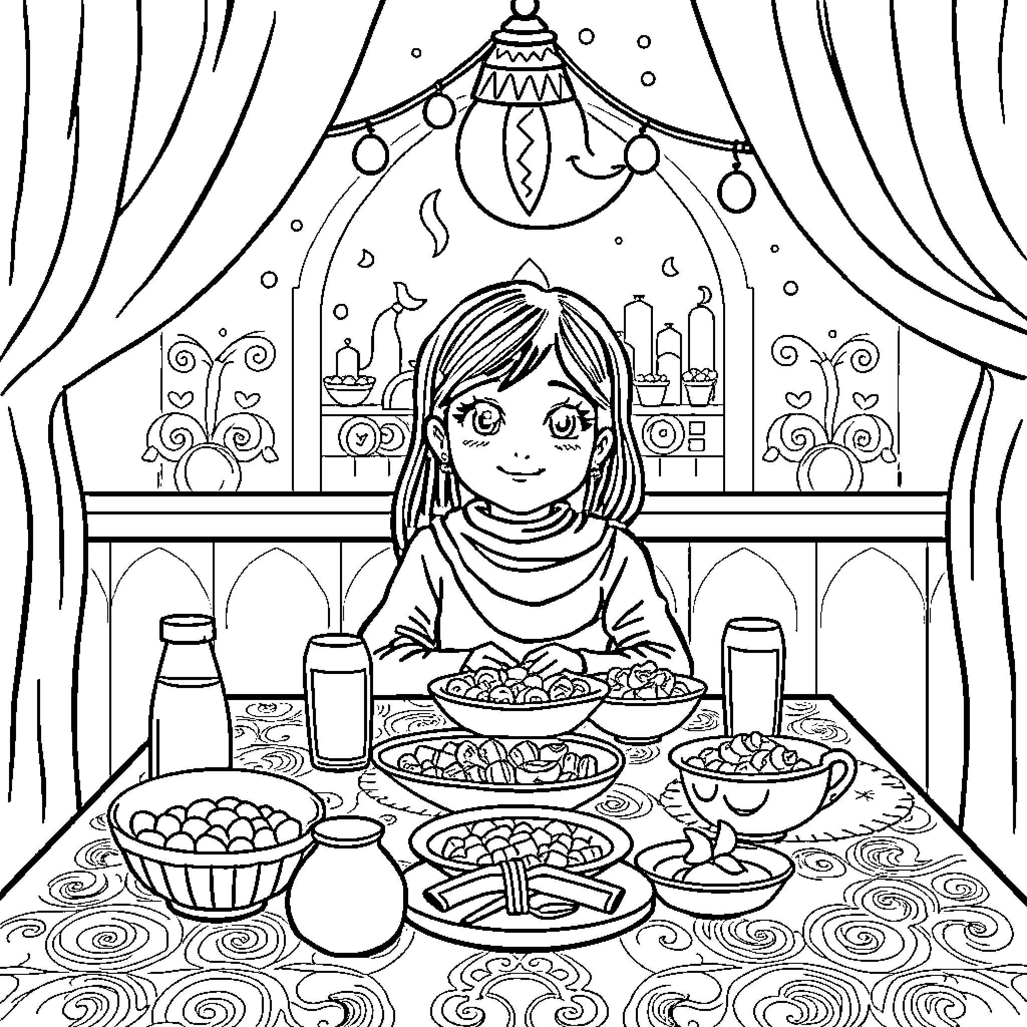 Girl enjoying a festive holiday meal Coloring Page (free black-and-white line drawing printable PDF for all, from beginners to advanced learners, including children, teens, adults, and seniors)
