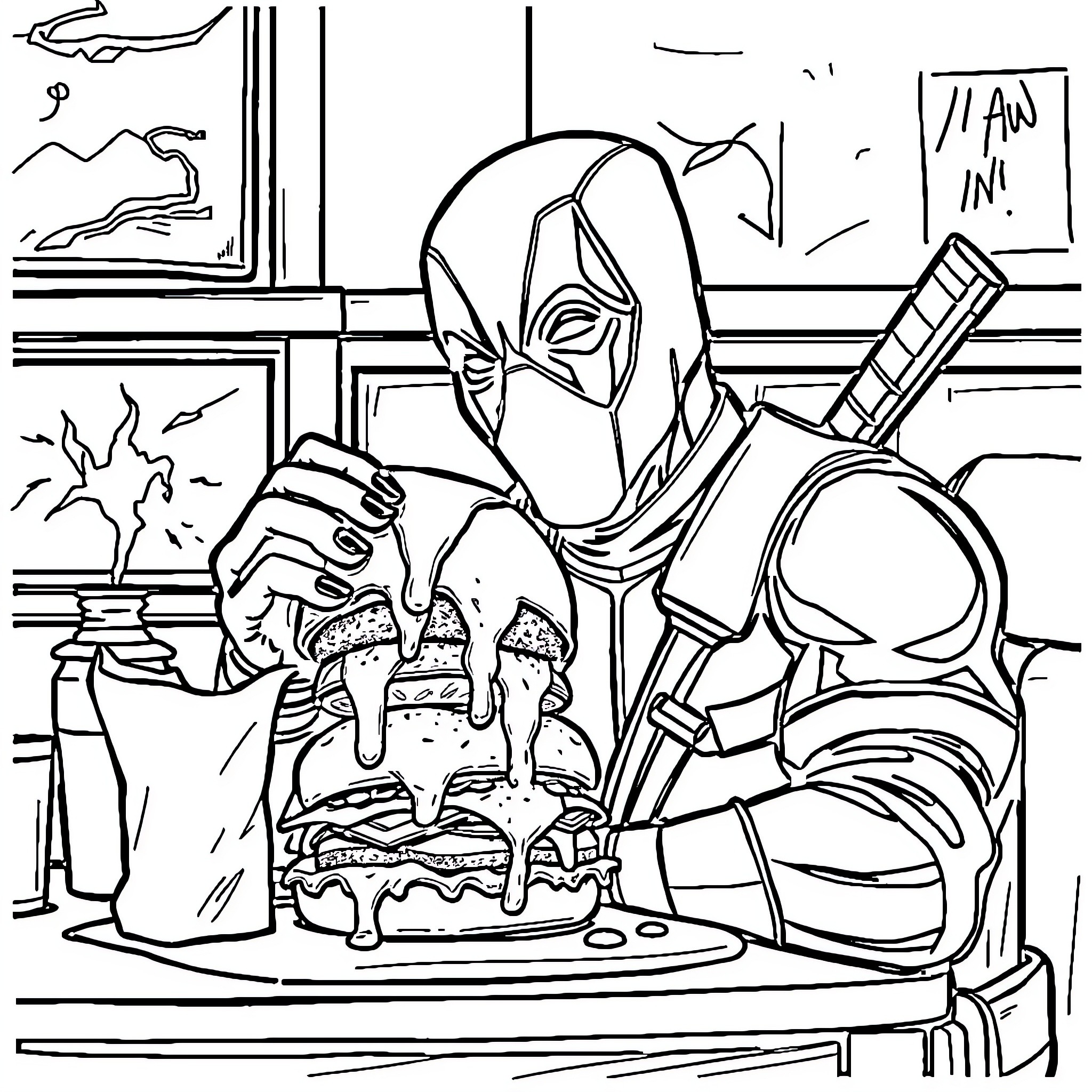 Deadpool enjoying a messy but delicious fast food meal Coloring Page (free black-and-white line drawing printable PDF for all, from beginners to advanced learners, including children, teens, adults, and seniors)