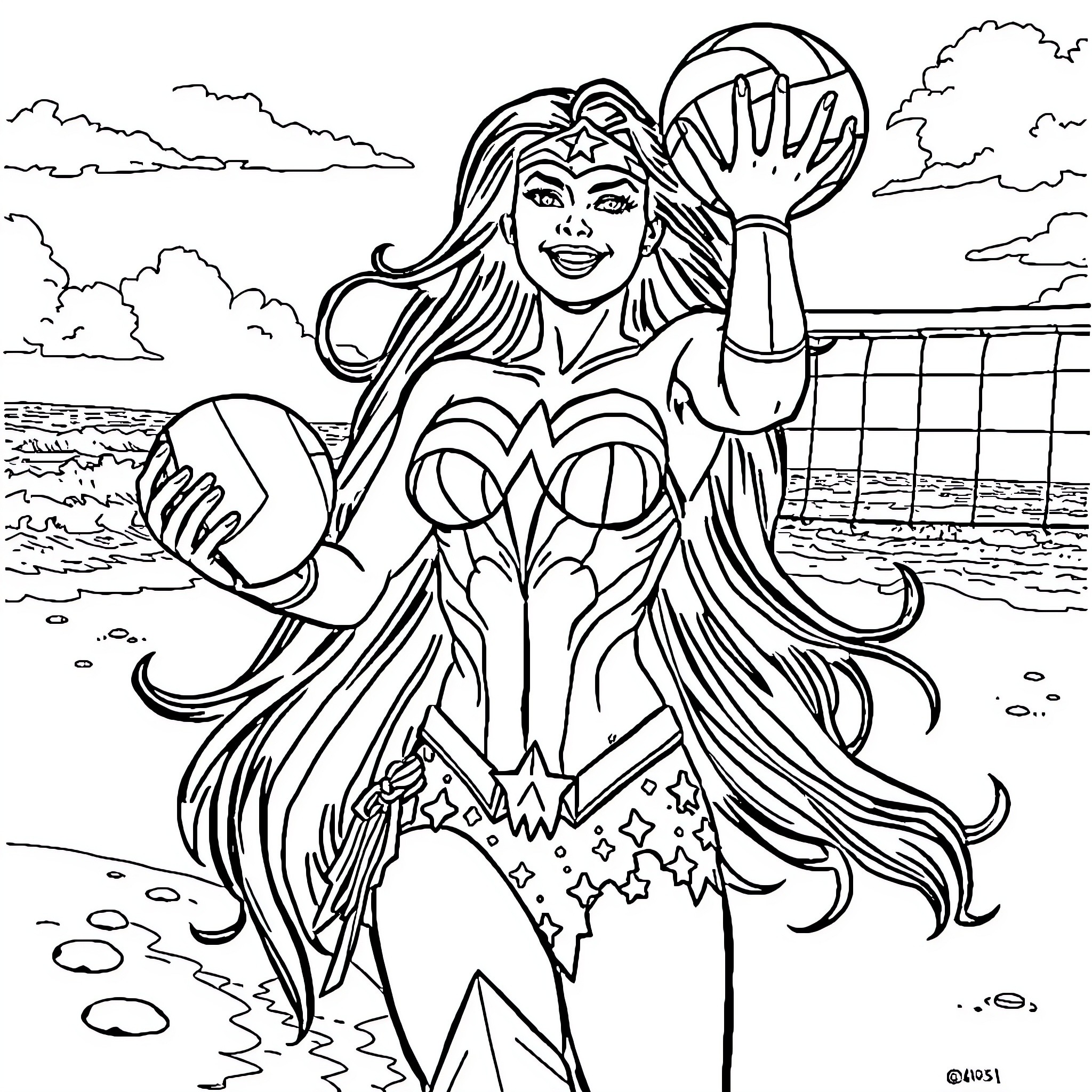 Wonder Woman Posing Heroically on the Beach Coloring Page (free black-and-white line drawing printable PDF for all, from beginners to advanced learners, including children, teens, adults, and seniors)