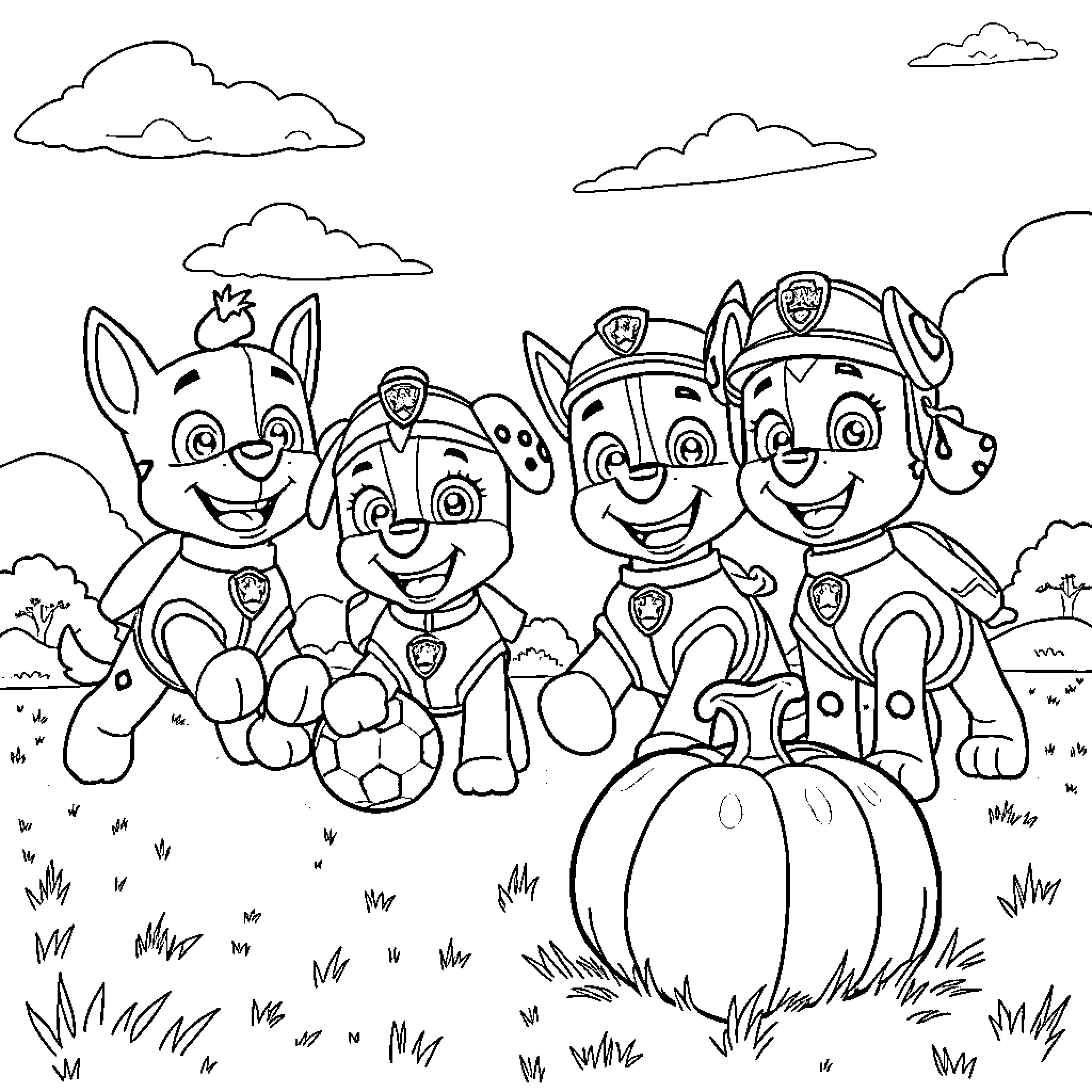 Paw Patrol characters on an outdoor adventure Coloring Page (free black-and-white line drawing printable PDF for all, from beginners to advanced learners, including children, teens, adults, and seniors)