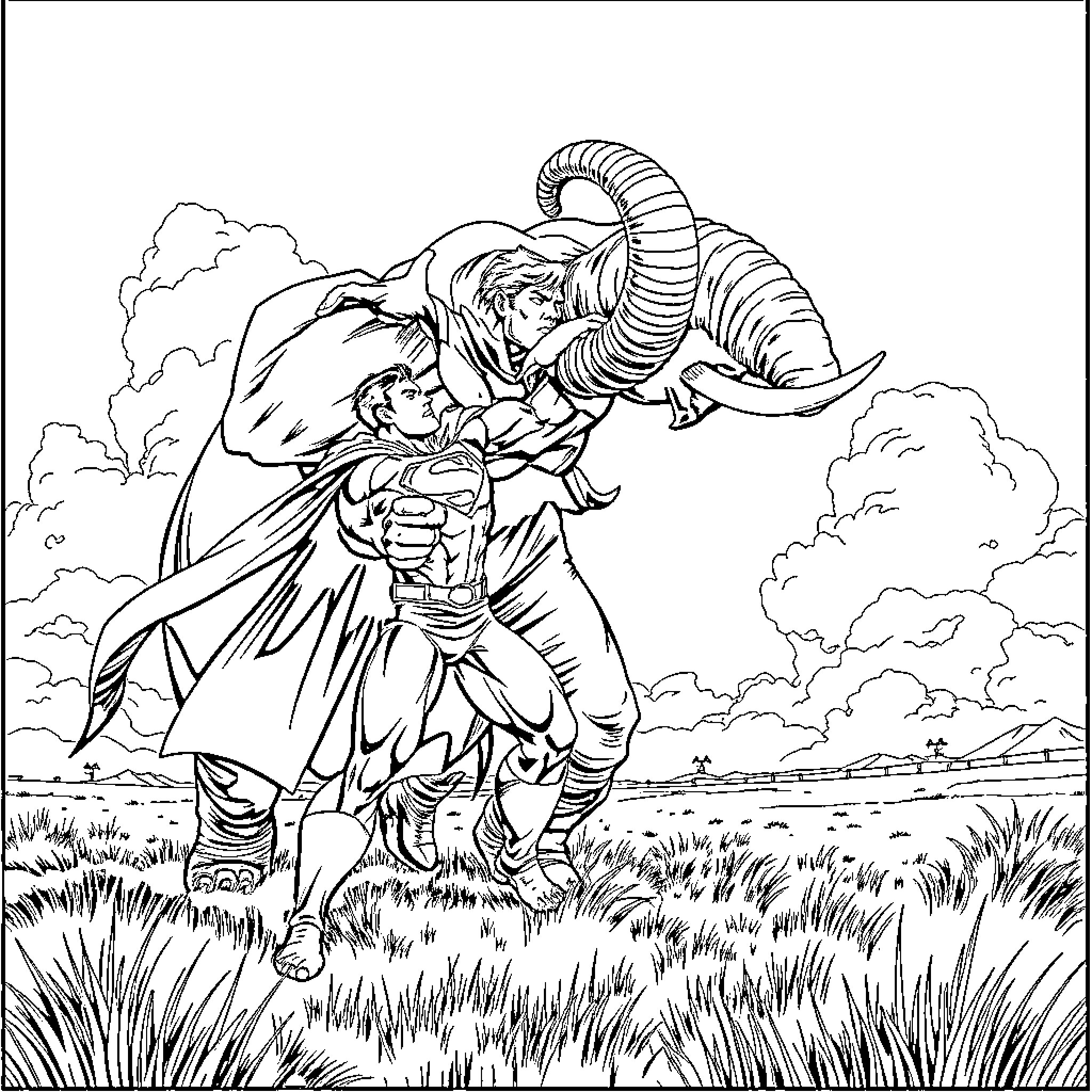Superman battling a monstrous creature in a field Coloring Page (free black-and-white line drawing printable PDF for all, from beginners to advanced learners, including children, teens, adults, and seniors)