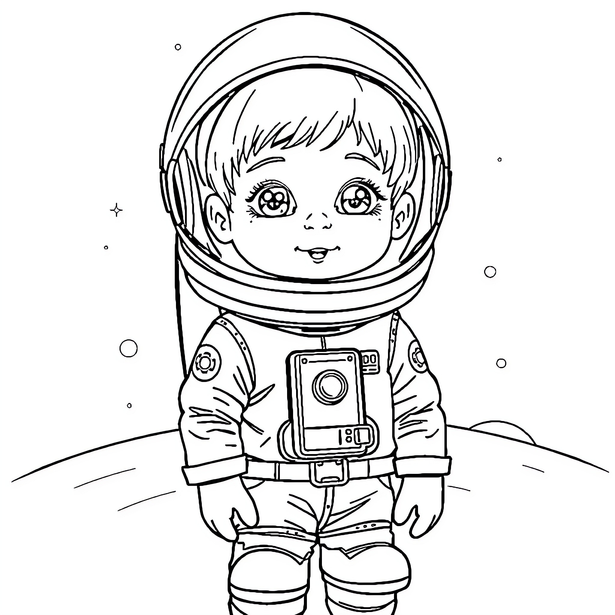 Kid Astronaut Exploring Space with Camera Coloring Page (free black-and-white line drawing printable PDF for all, from beginners to advanced learners, including children, teens, adults, and seniors)