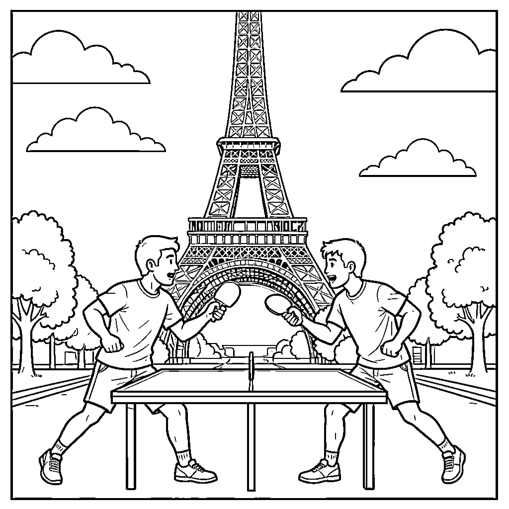 Ping Pong match played by two boys near Eiffel Tower Coloring Page (free black-and-white line drawing printable PDF for all, from beginners to advanced learners, including children, teens, adults, and seniors)