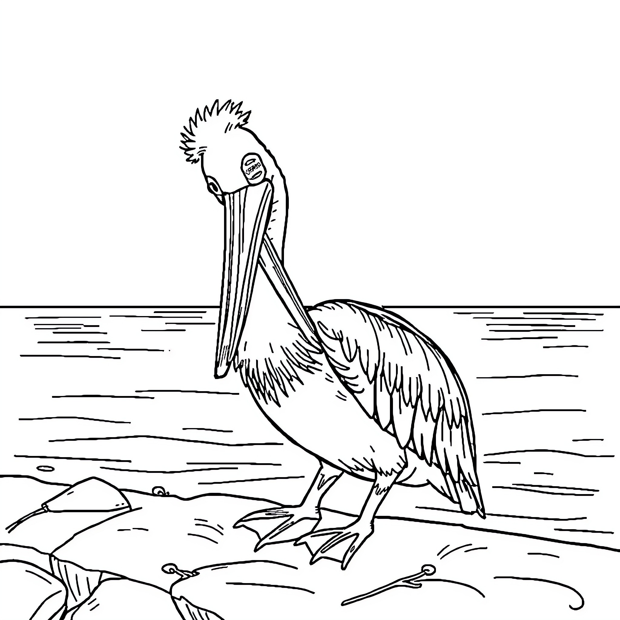 Pelican standing on the shore Coloring Page (free black-and-white line drawing printable PDF for all, from beginners to advanced learners, including children, teens, adults, and seniors)