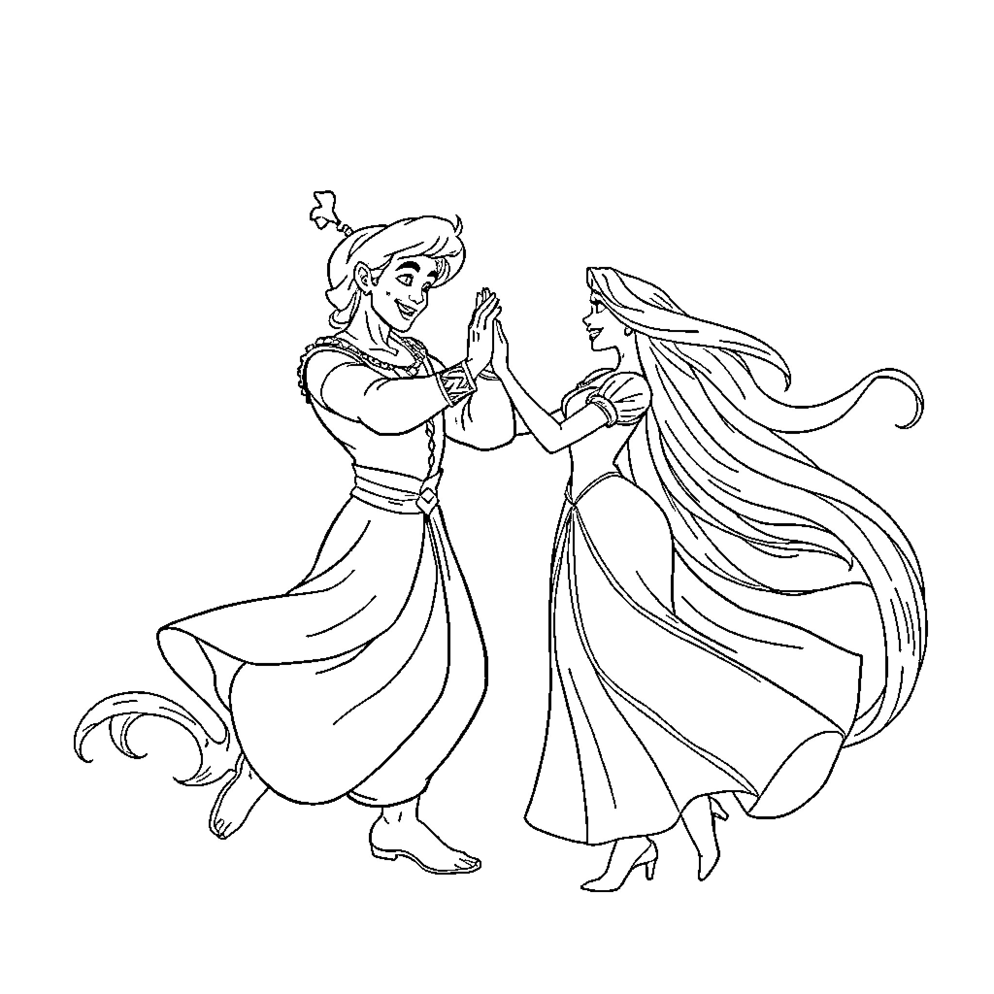 Aladdin and Jasmine dancing together in traditional attire Coloring Page (free black-and-white line drawing printable PDF for all, from beginners to advanced learners, including children, teens, adults, and seniors)