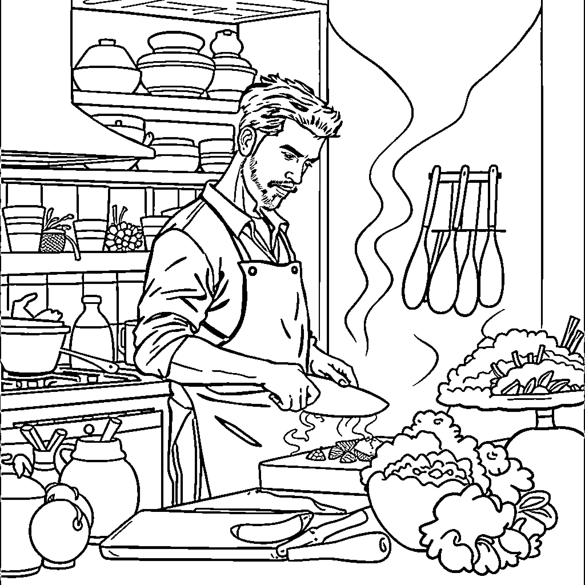 Man cooking intently in the kitchen Coloring Page (free black-and-white line drawing printable PDF for all, from beginners to advanced learners, including children, teens, adults, and seniors)