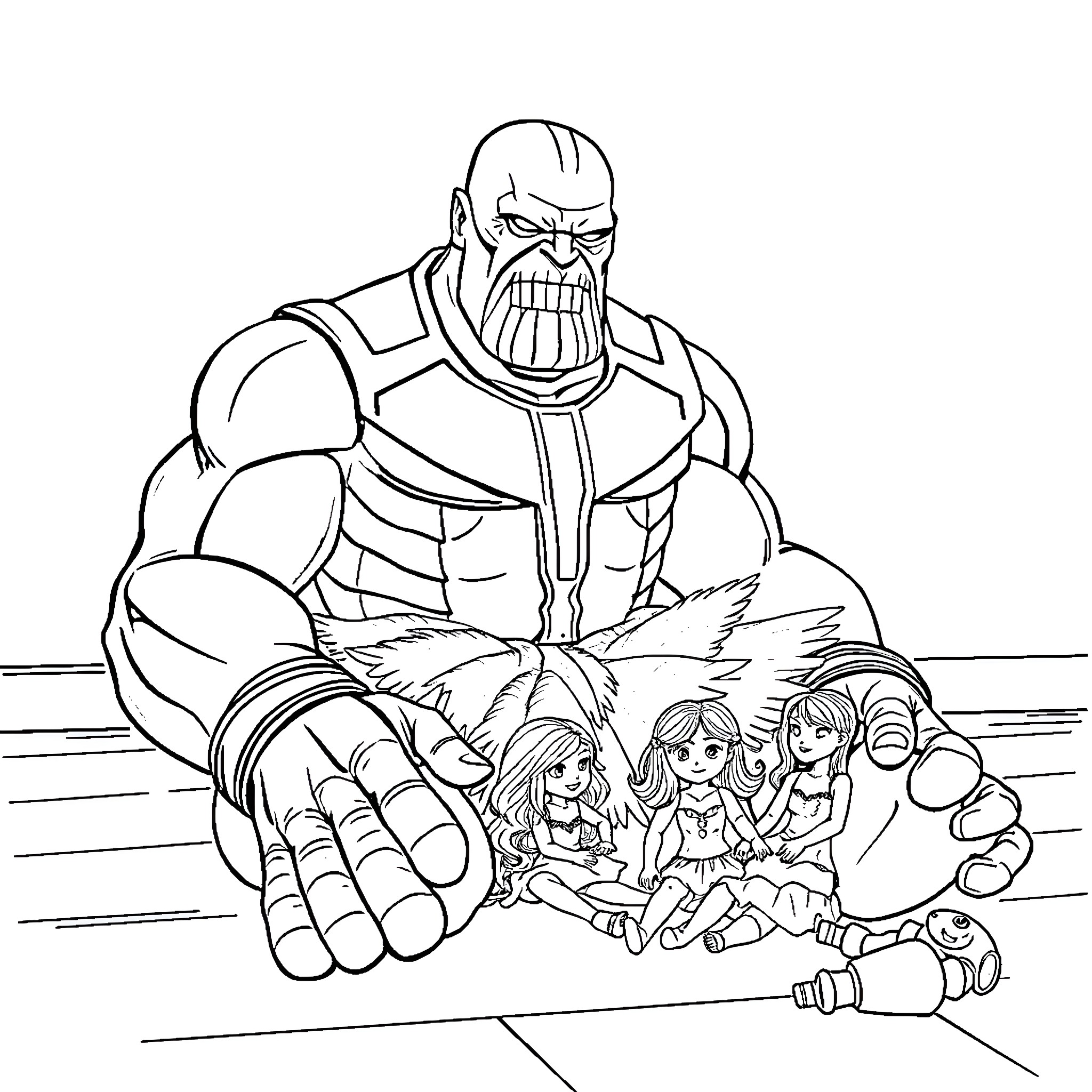 Thanos towering over distressed children Coloring Page (free black-and-white line drawing printable PDF for all, from beginners to advanced learners, including children, teens, adults, and seniors)