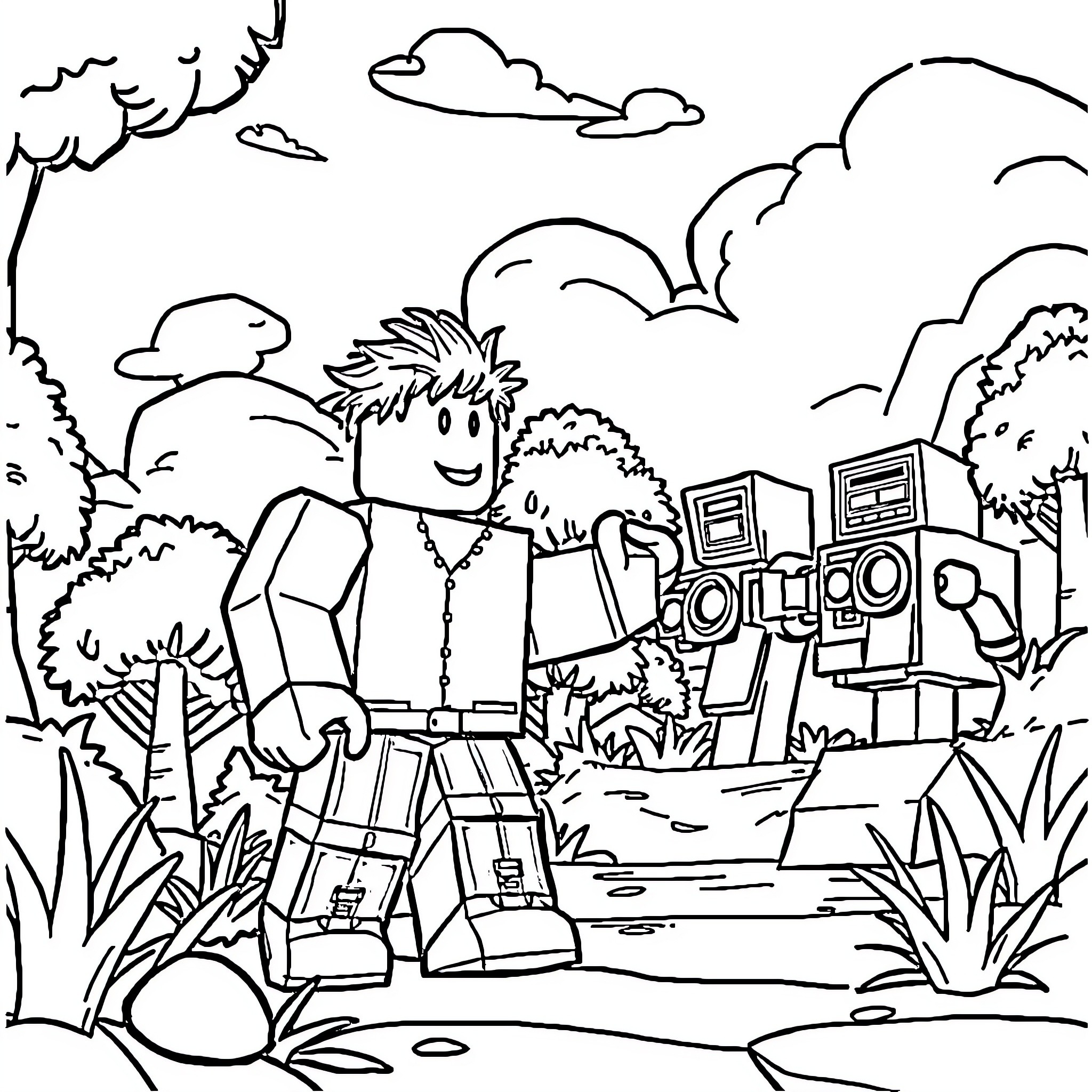 Roblox characters exploring outdoors in a scene Coloring Page (free black-and-white line drawing printable PDF for all, from beginners to advanced learners, including children, teens, adults, and seniors)