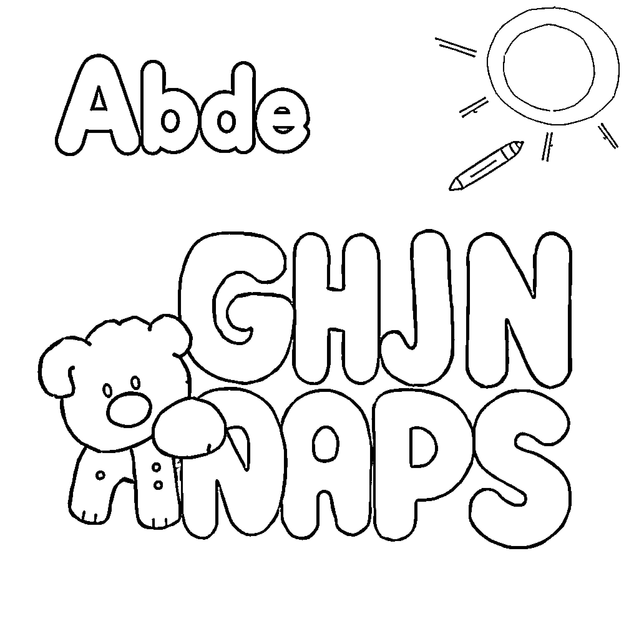 ABC Doodle of Cartoon Characters Coloring Page (free black-and-white line drawing printable PDF for all, from beginners to advanced learners, including children, teens, adults, and seniors)