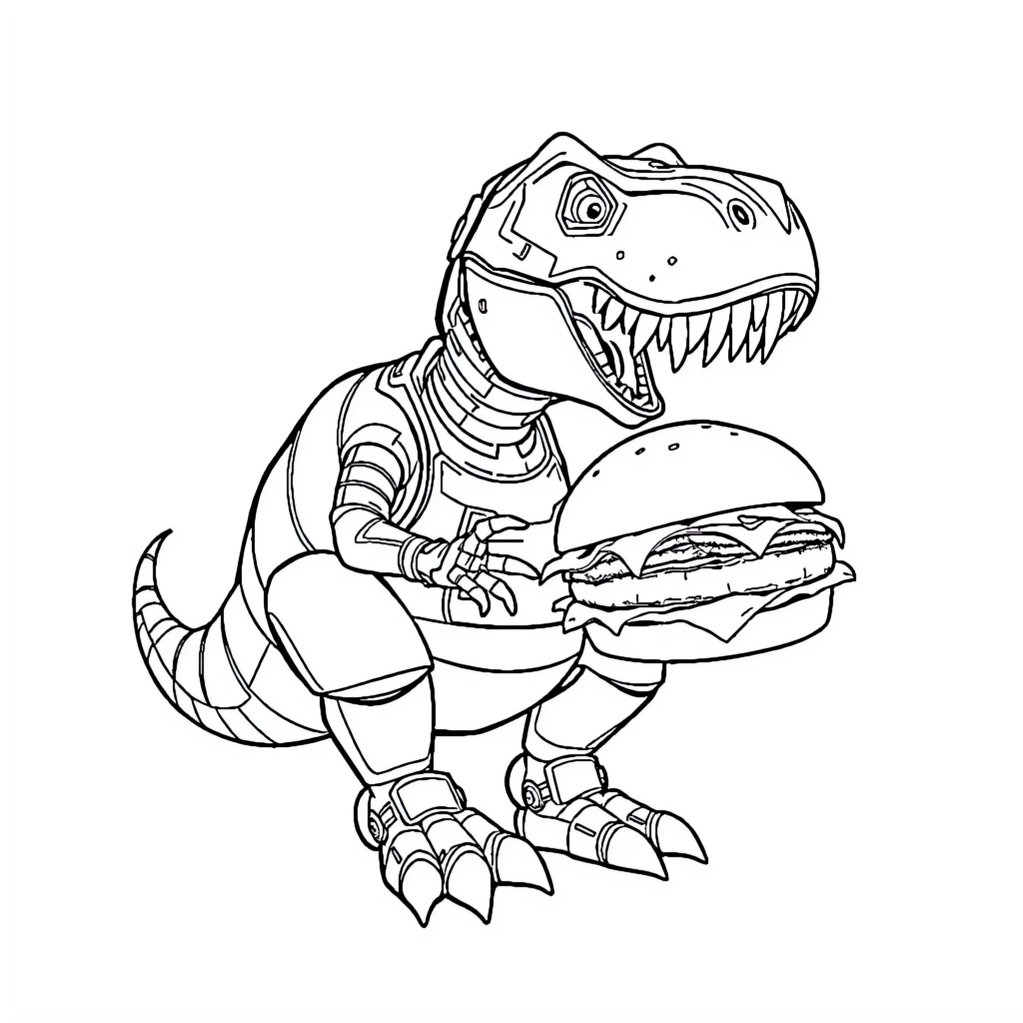 Robot T-Rex Eating a Hamburger Coloring Page (free black-and-white line drawing printable PDF for all, from beginners to advanced learners, including children, teens, adults, and seniors)