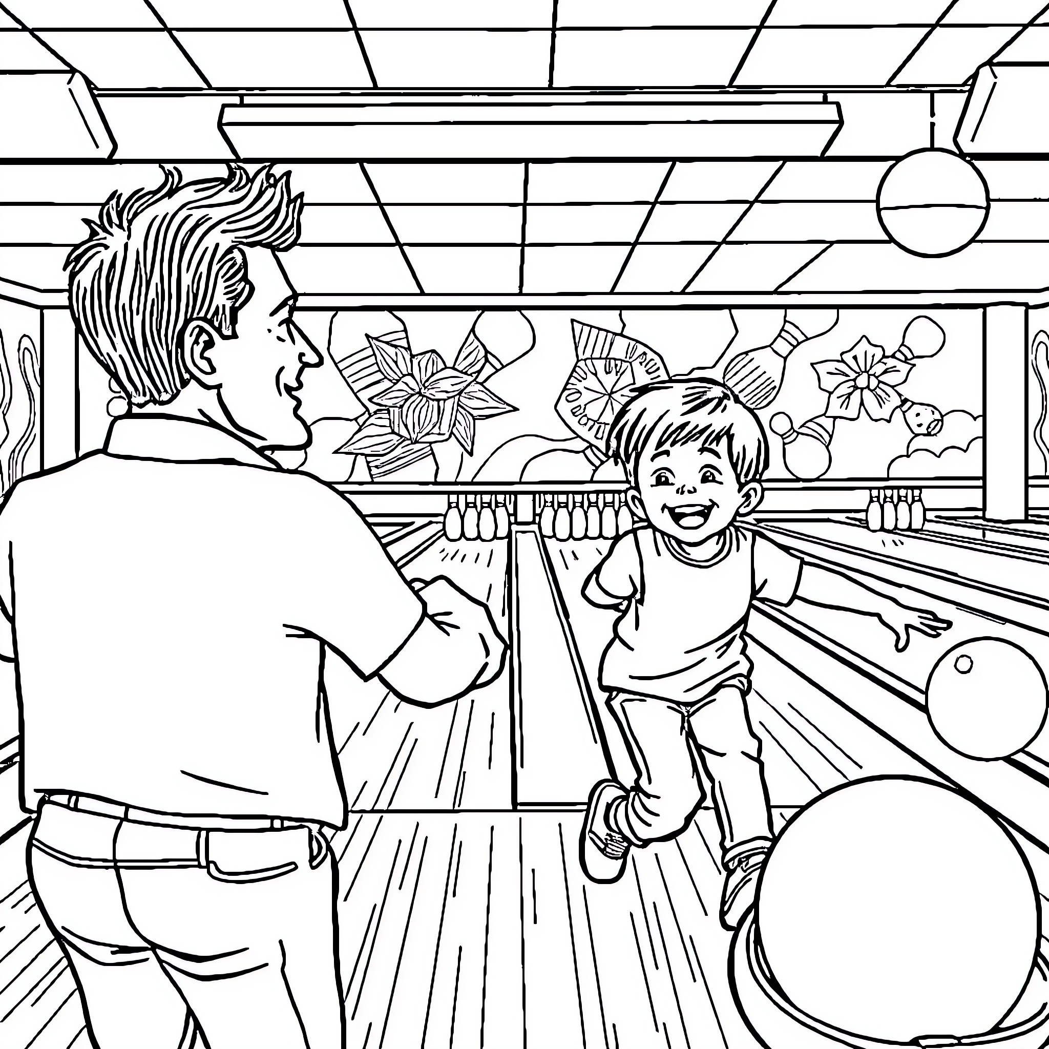 Bowling game with father and child having fun Coloring Page (free black-and-white line drawing printable PDF for all, from beginners to advanced learners, including children, teens, adults, and seniors)