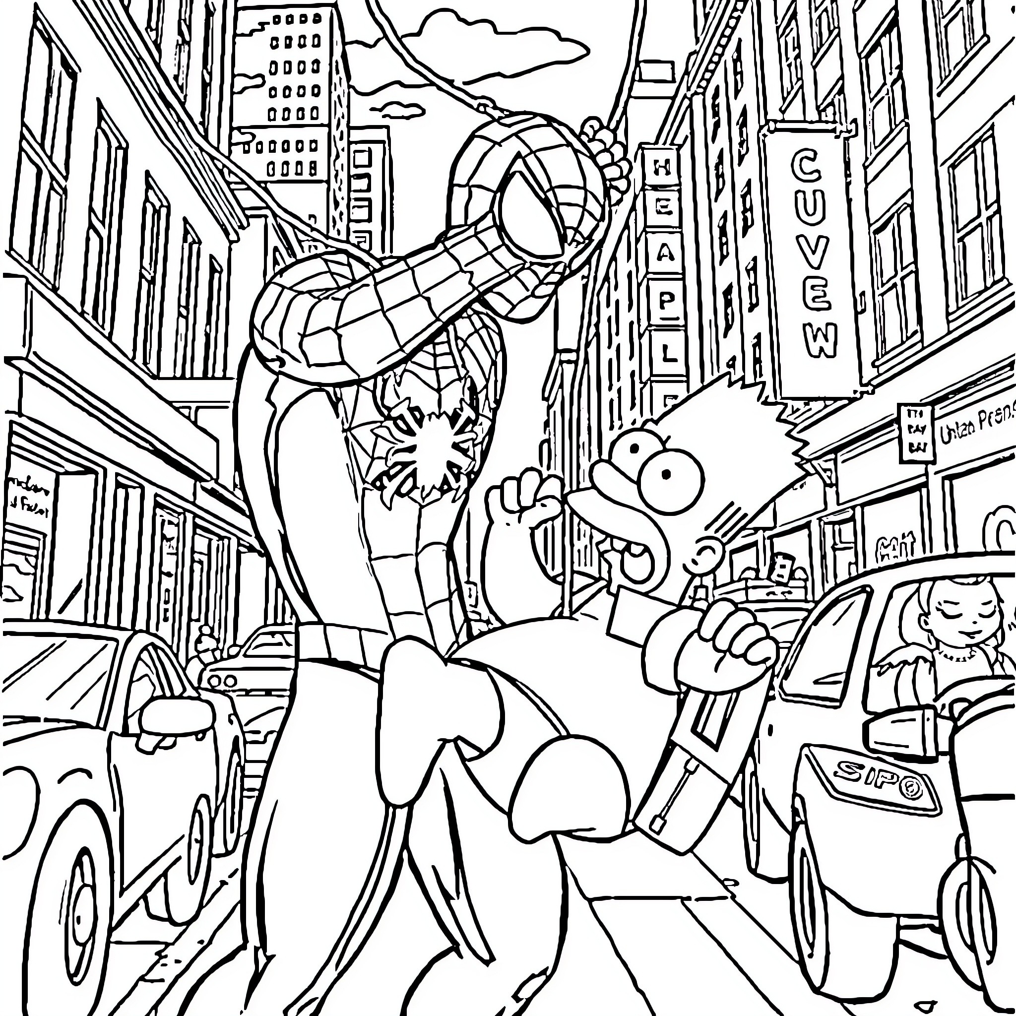 Spiderman swinging through a busy city street Coloring Page (free black-and-white line drawing printable PDF for all, from beginners to advanced learners, including children, teens, adults, and seniors)