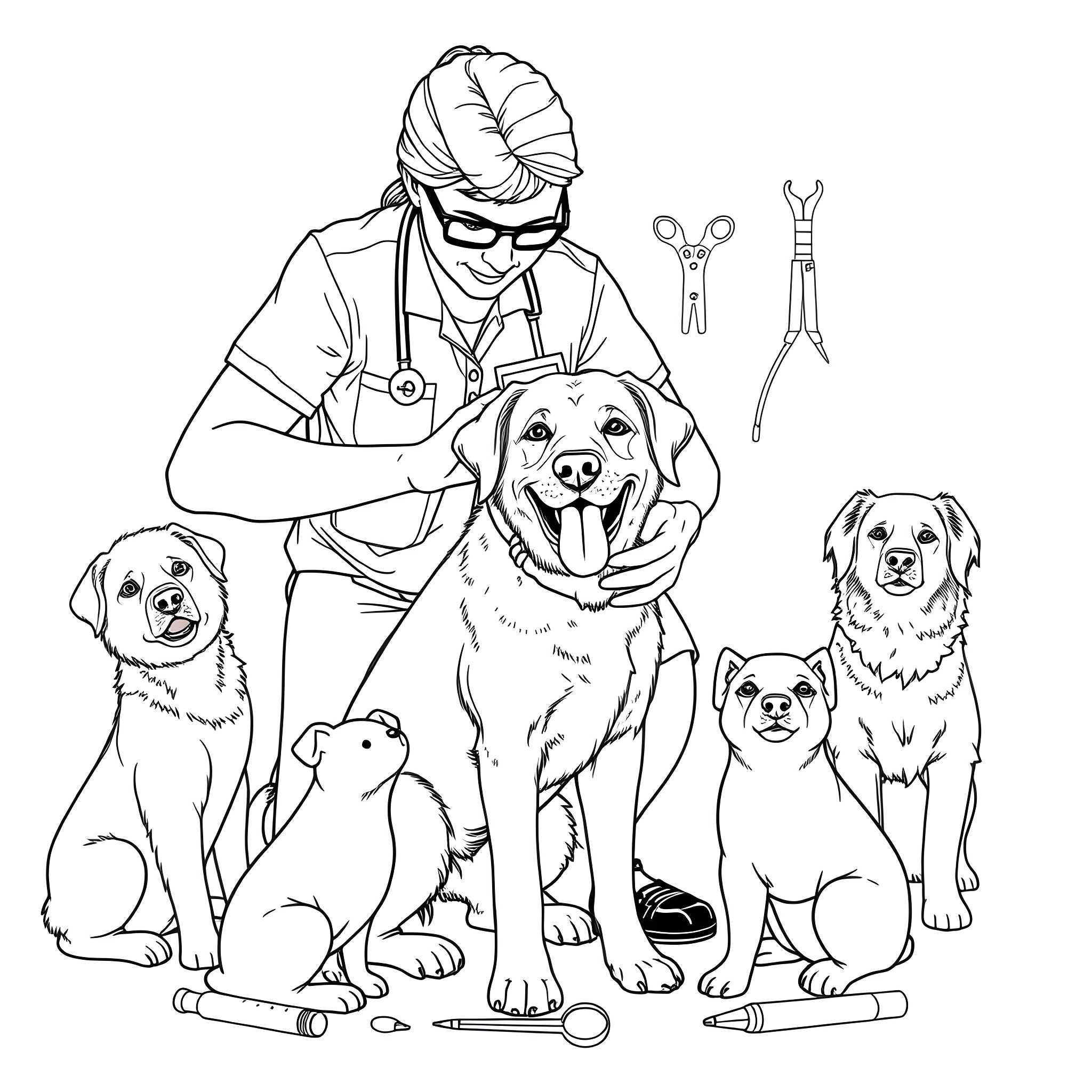 Chiropractic Care for Pets with Veterinary Professional Coloring Page (free black-and-white line drawing printable PDF for all, from beginners to advanced learners, including children, teens, adults, and seniors)