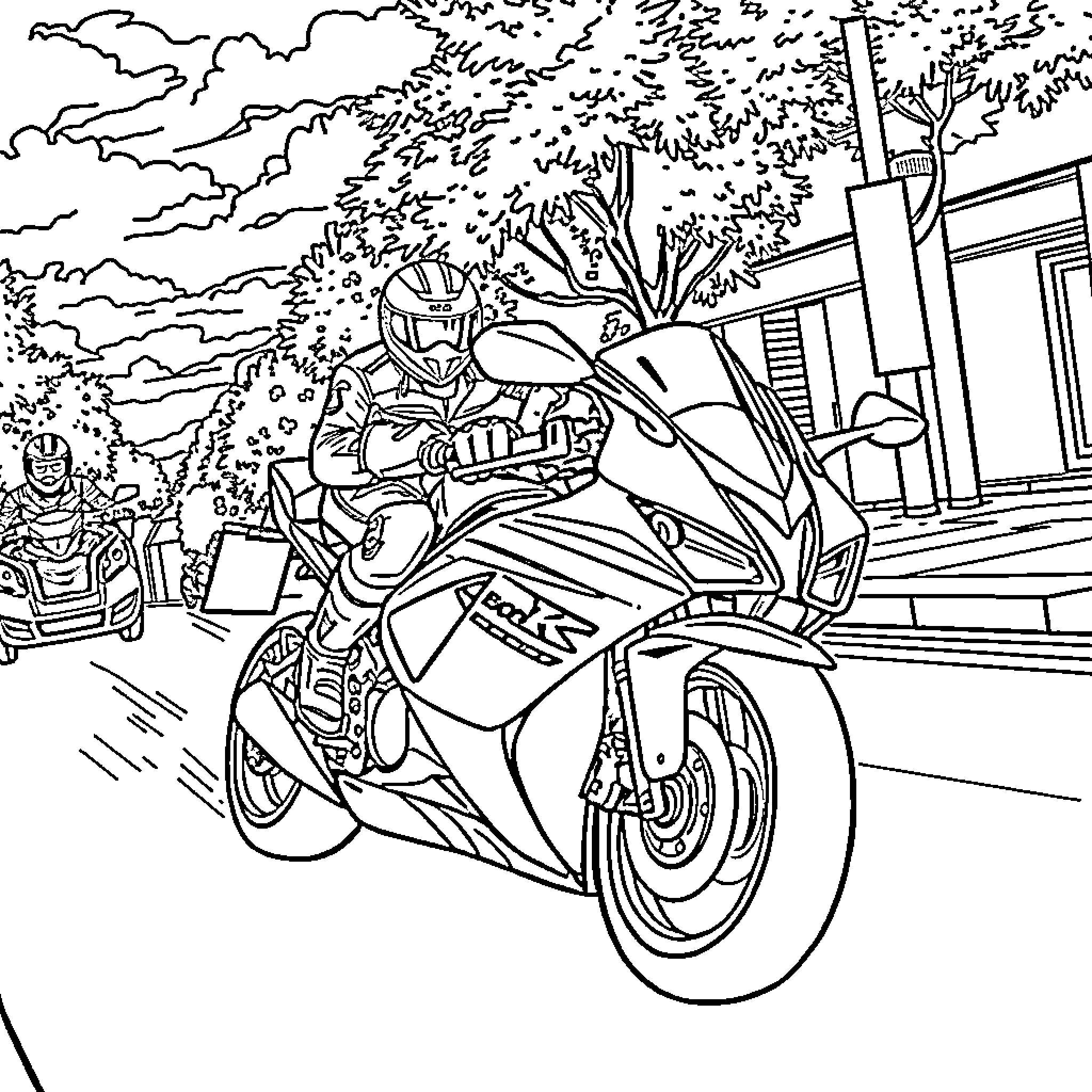 Sports Bike Speeding Through Scenic Countryside Coloring Page (free black-and-white line drawing printable PDF for all, from beginners to advanced learners, including children, teens, adults, and seniors)