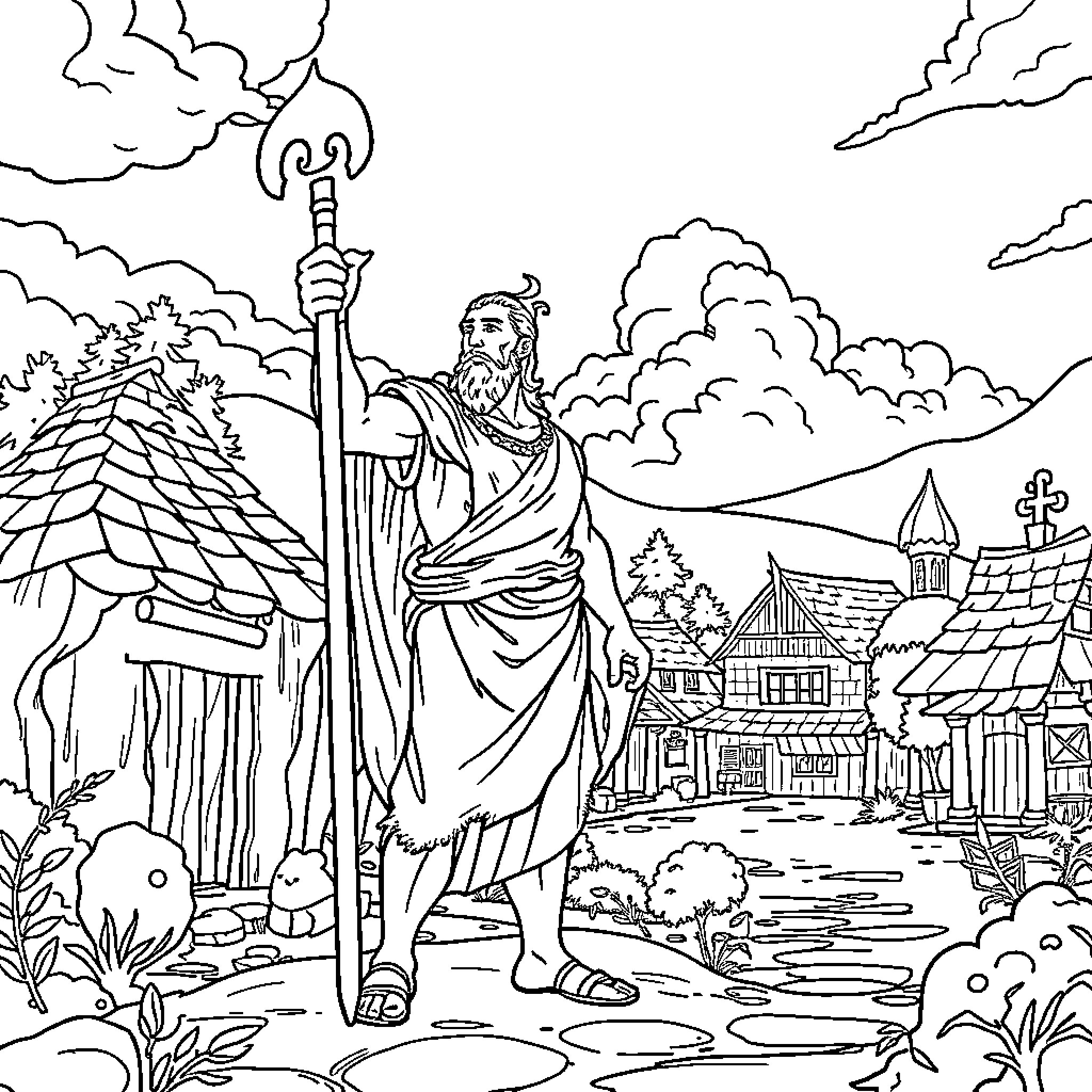 Odysseus, the Legendary Hero, Stands Tall in the Mythical Landscape Coloring Page (free black-and-white line drawing printable PDF for all, from beginners to advanced learners, including children, teens, adults, and seniors)