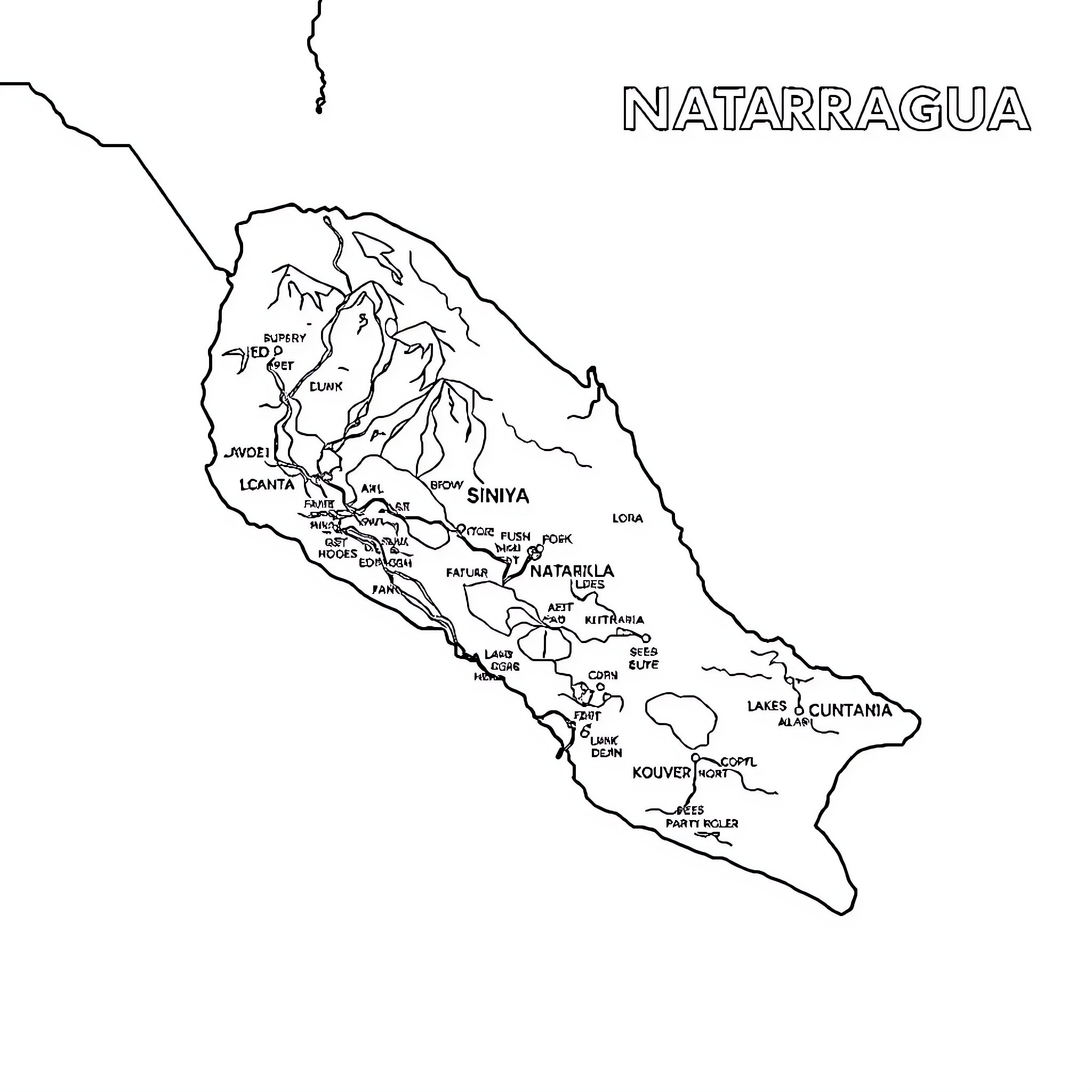 Nicaragua's geographic features and locations Coloring Page (free black-and-white line drawing printable PDF for all, from beginners to advanced learners, including children, teens, adults, and seniors)