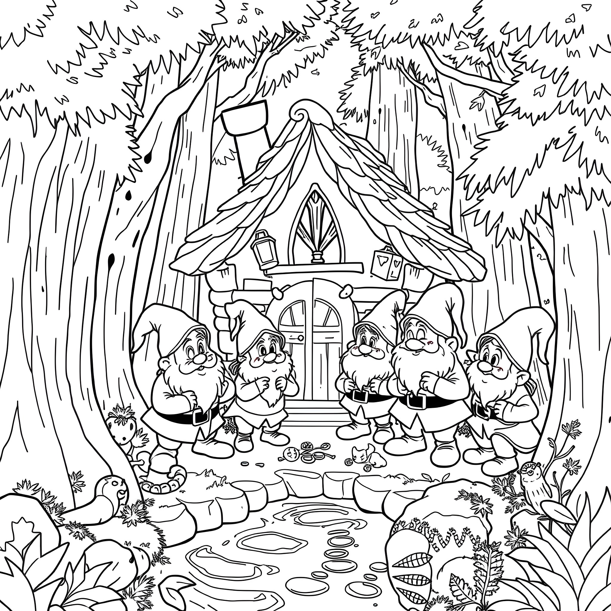 Dwarf cottages in the enchanted forest Coloring Page (free black-and-white line drawing printable PDF for all, from beginners to advanced learners, including children, teens, adults, and seniors)