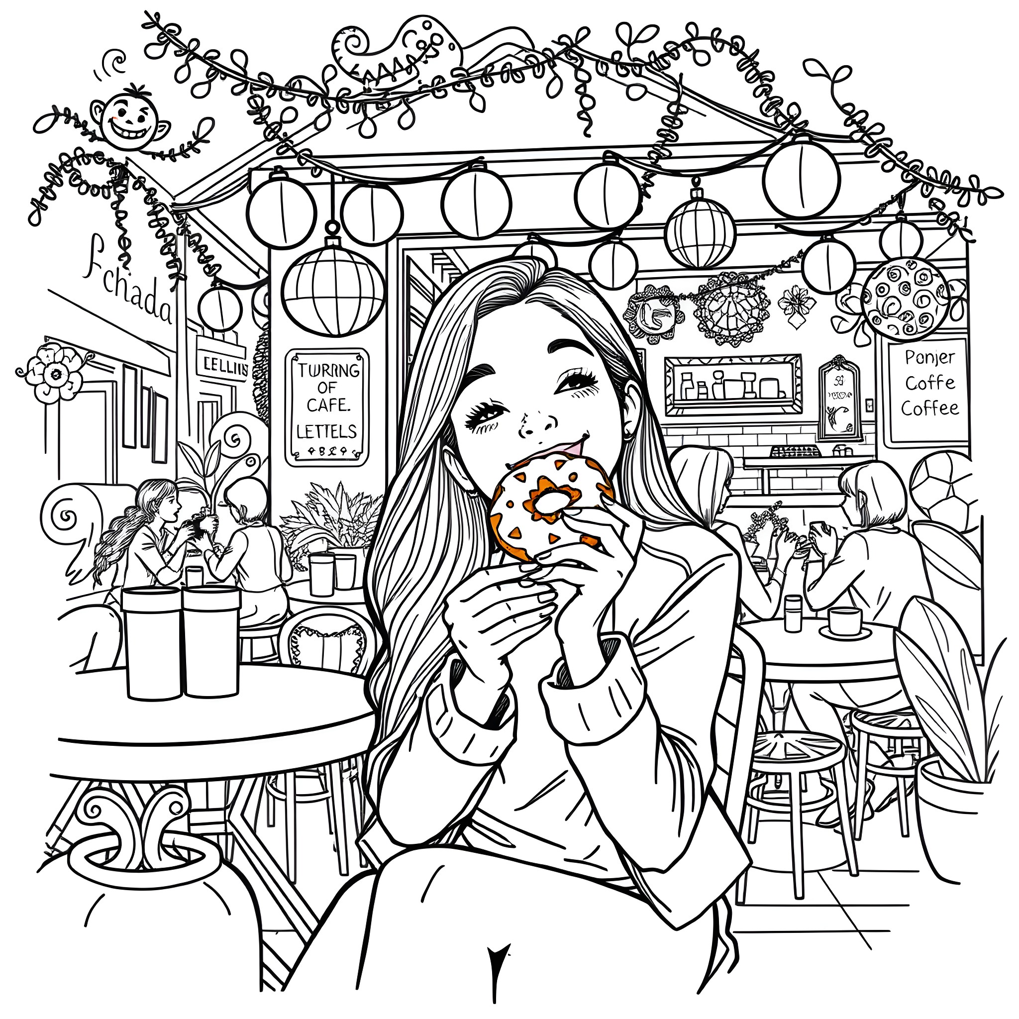 Olivia Rodrigo enjoying a cozy cafe outing Coloring Page (free black-and-white line drawing printable PDF for all, from beginners to advanced learners, including children, teens, adults, and seniors)