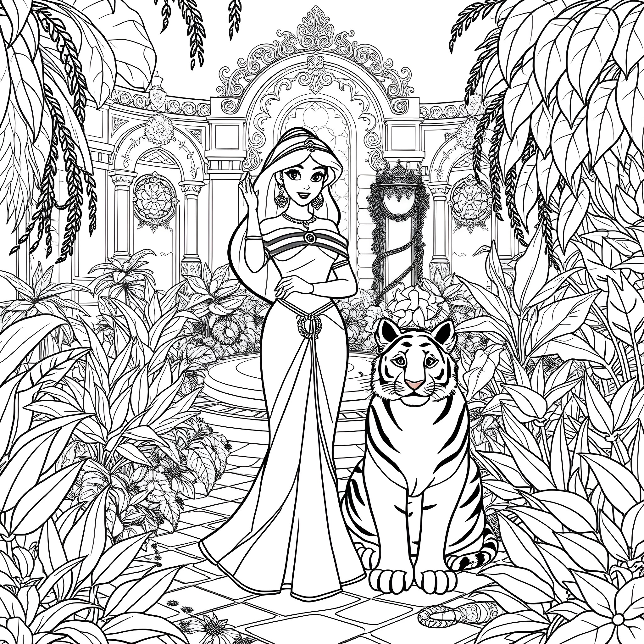 Jasmine's Enchanted Garden Adventure Coloring Page (free black-and-white line drawing printable PDF for all, from beginners to advanced learners, including children, teens, adults, and seniors)