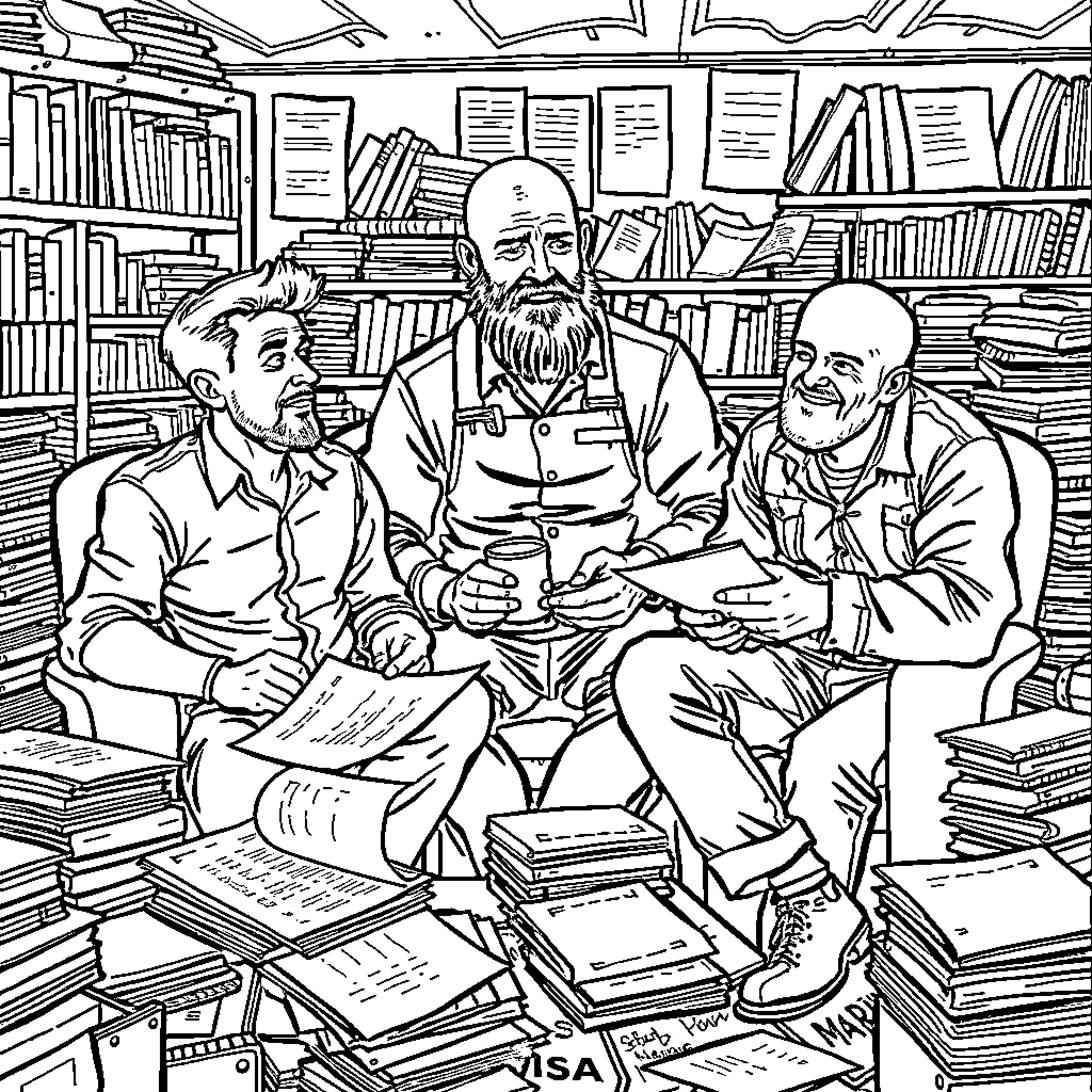 Man having thoughtful discussion with friends in library Coloring Page (free black-and-white line drawing printable PDF for all, from beginners to advanced learners, including children, teens, adults, and seniors)