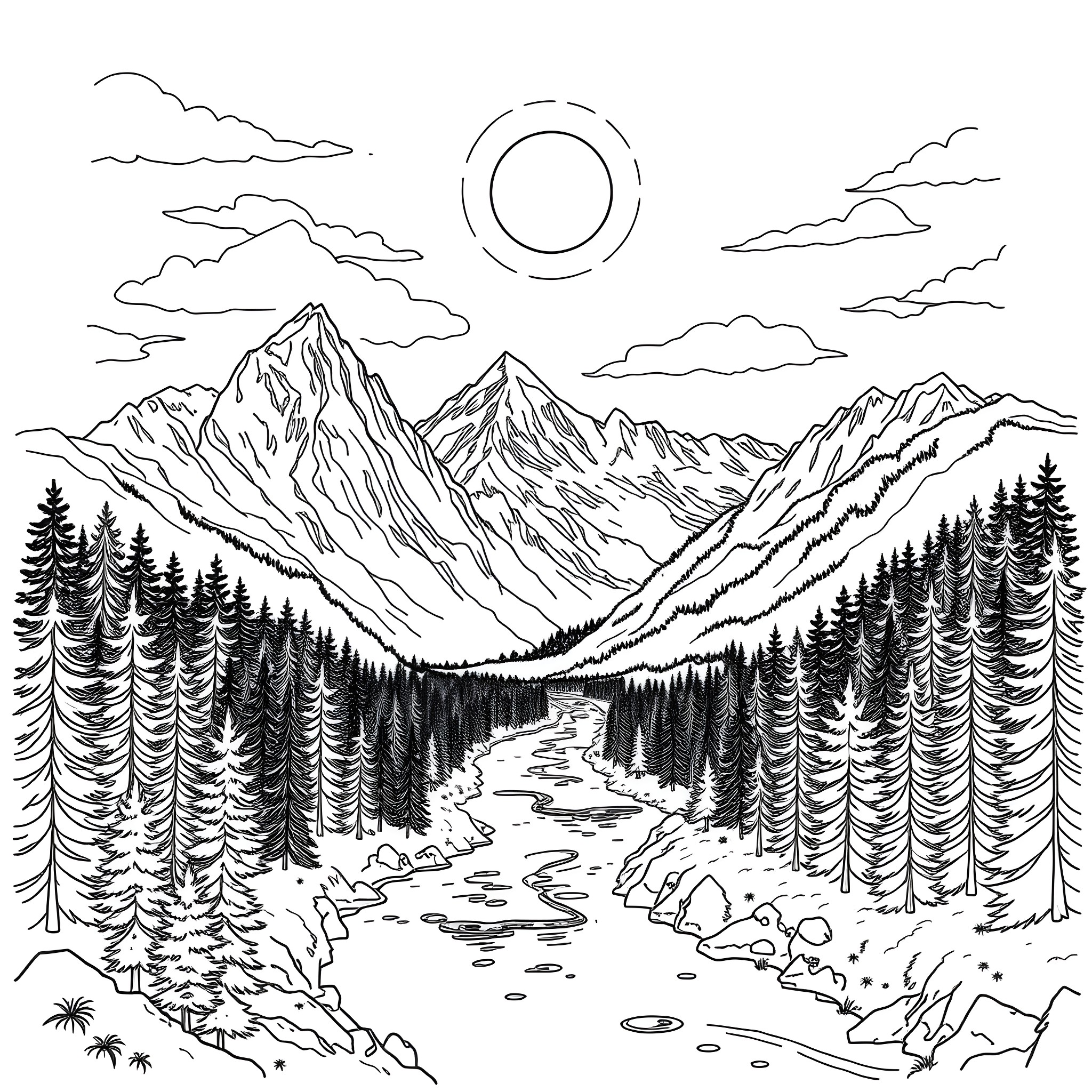Mountain Landscape with Flowing River and Cloudy Sky Coloring Page (free black-and-white line drawing printable PDF for all, from beginners to advanced learners, including children, teens, adults, and seniors)