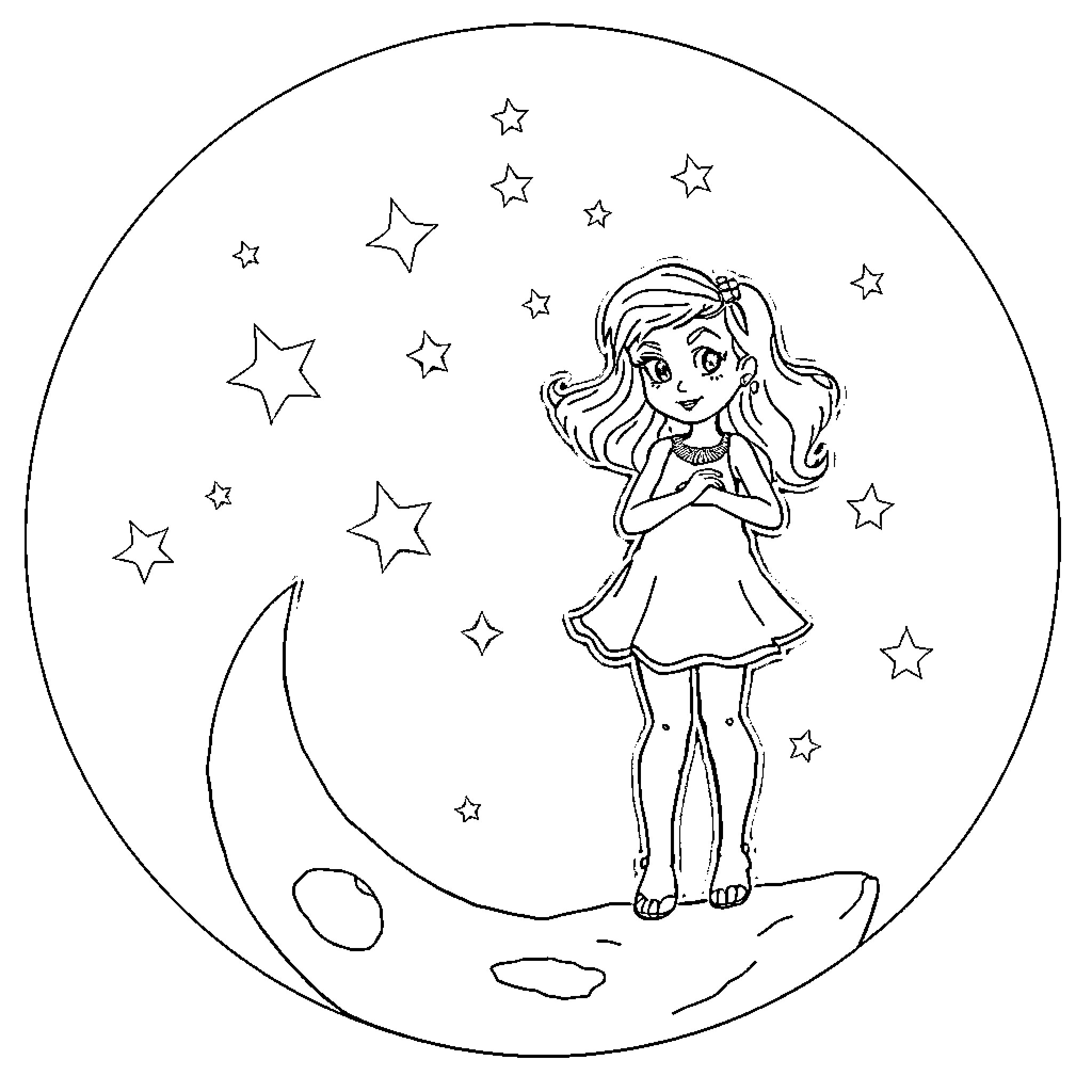 Gabby gazes at the starry night sky Coloring Page (free black-and-white line drawing printable PDF for all, from beginners to advanced learners, including children, teens, adults, and seniors)